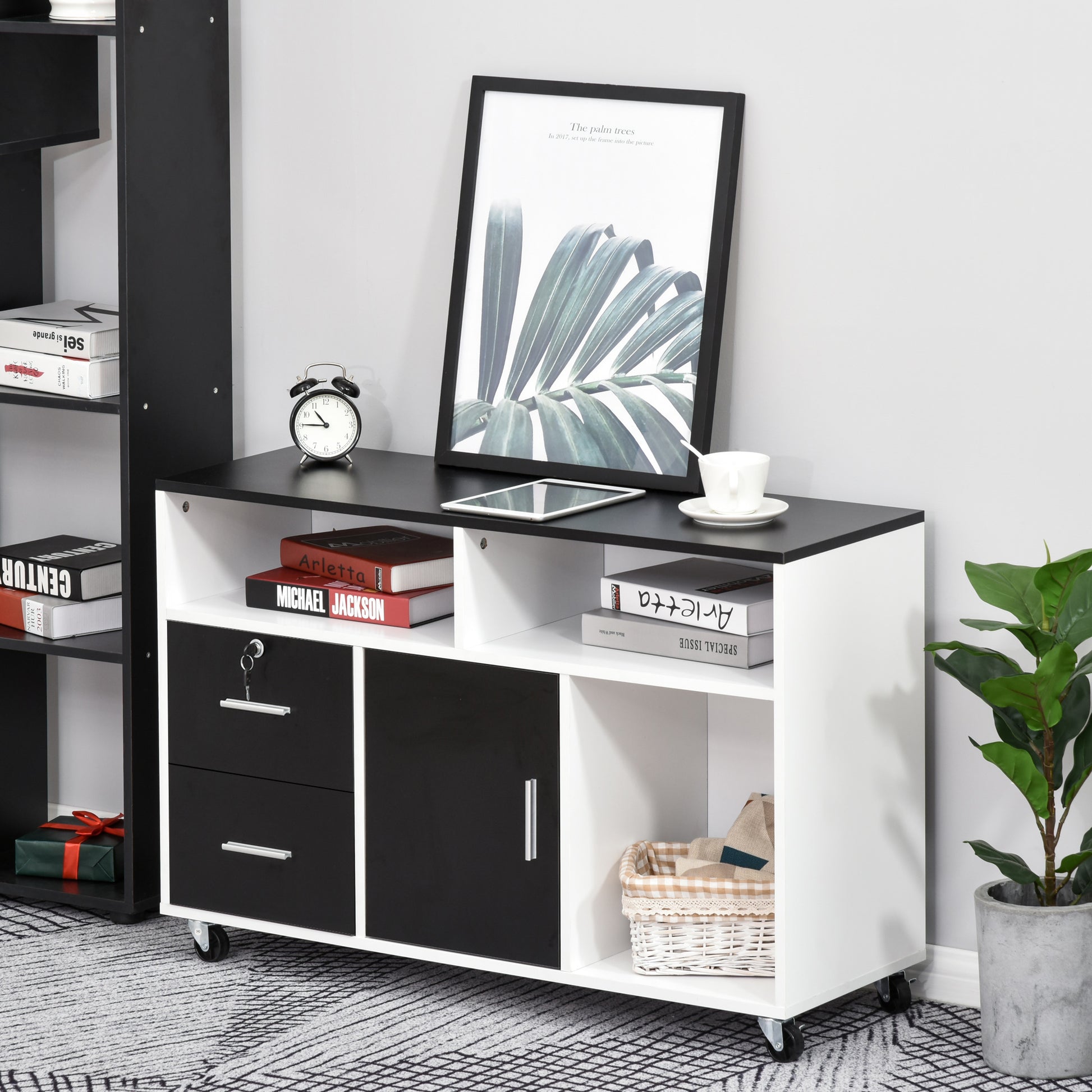Lateral Filing Cabinet, Printer Stand Home Office Mobile File Cabinet with Wheels, Lockable Drawer, Black-Office Products > Office Furniture > Office Cabinets & Cupboards-DECOROLALA