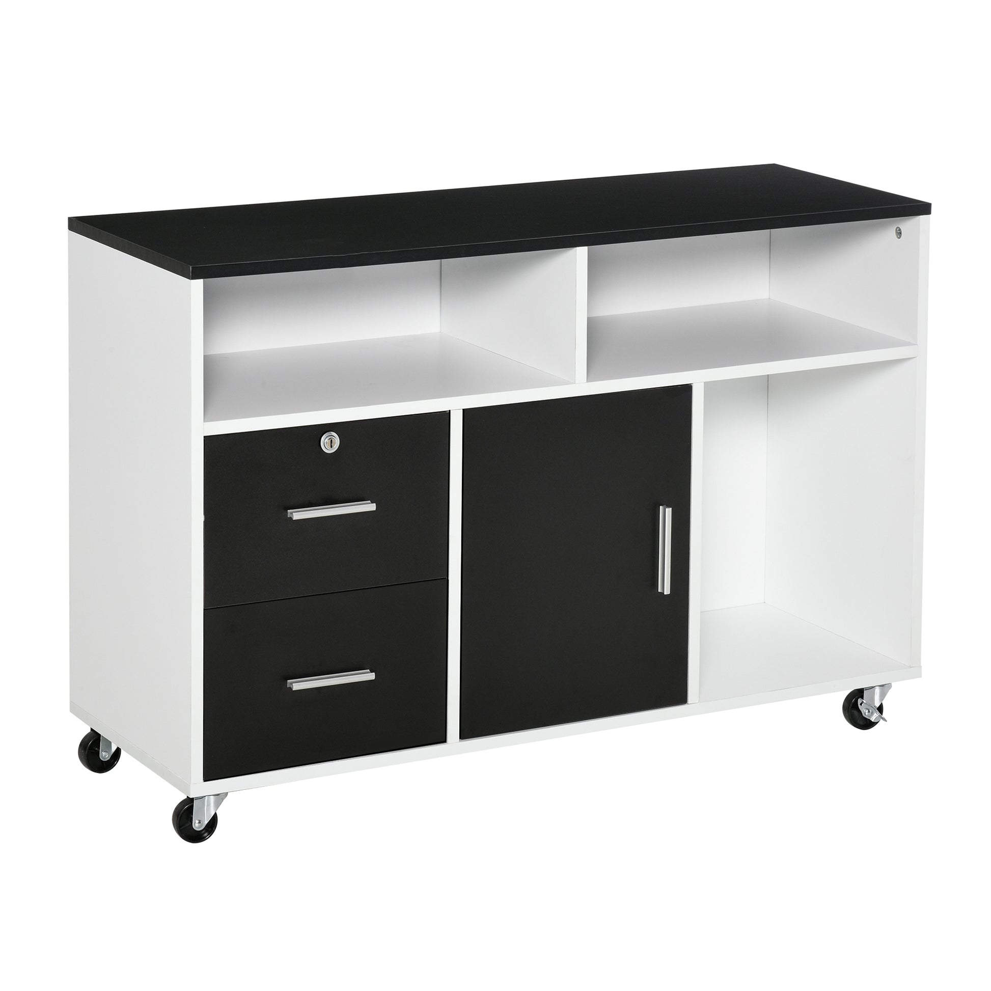 Lateral Filing Cabinet, Printer Stand Home Office Mobile File Cabinet with Wheels, Lockable Drawer, Black-Office Products > Office Furniture > Office Cabinets & Cupboards-DECOROLALA