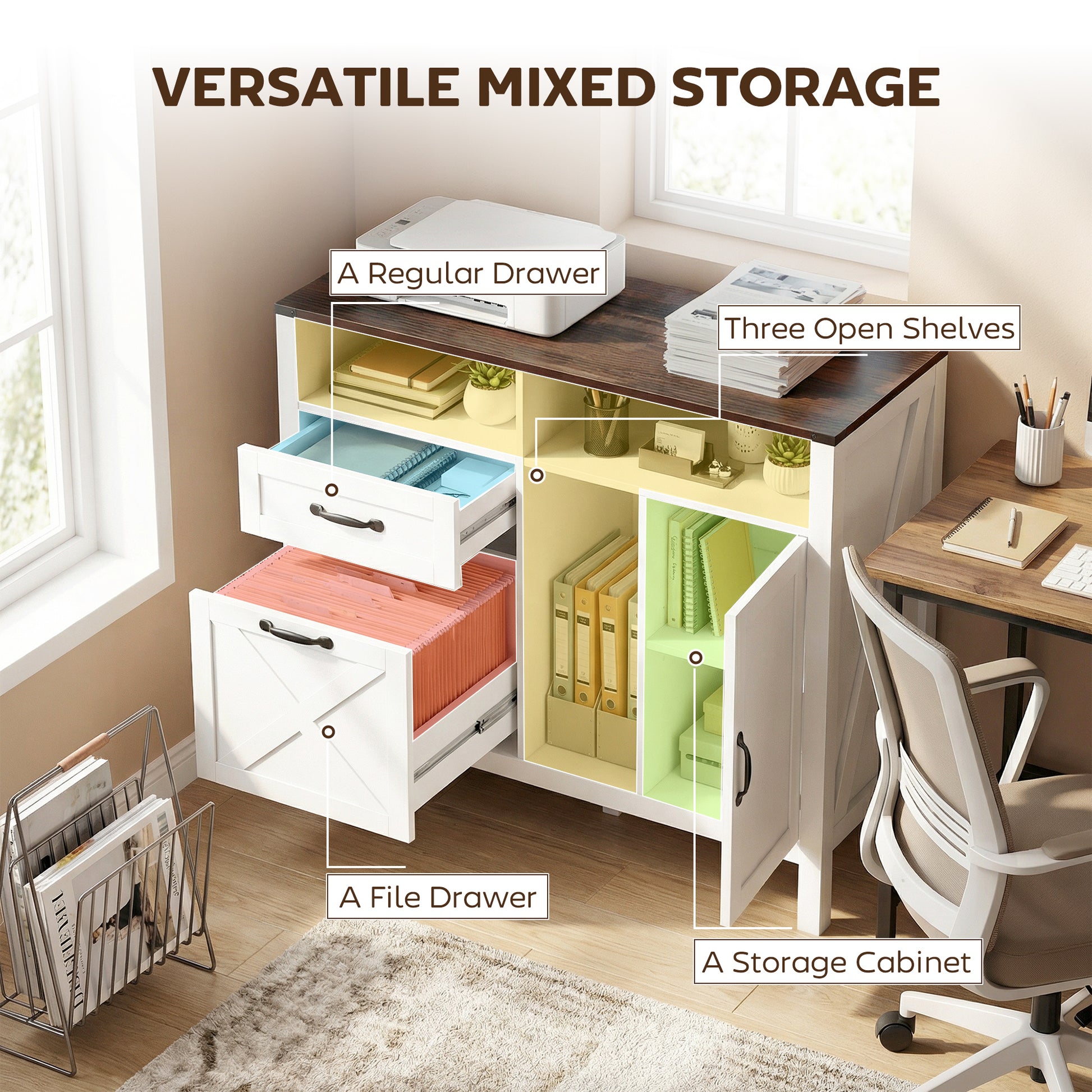 Lateral Filing Cabinet for Letter/A4 Hanging Files, File Cabinet with Open Compartments for Home Office, White-Office Products > Office Furniture > Office Cabinets & Cupboards-DECOROLALA