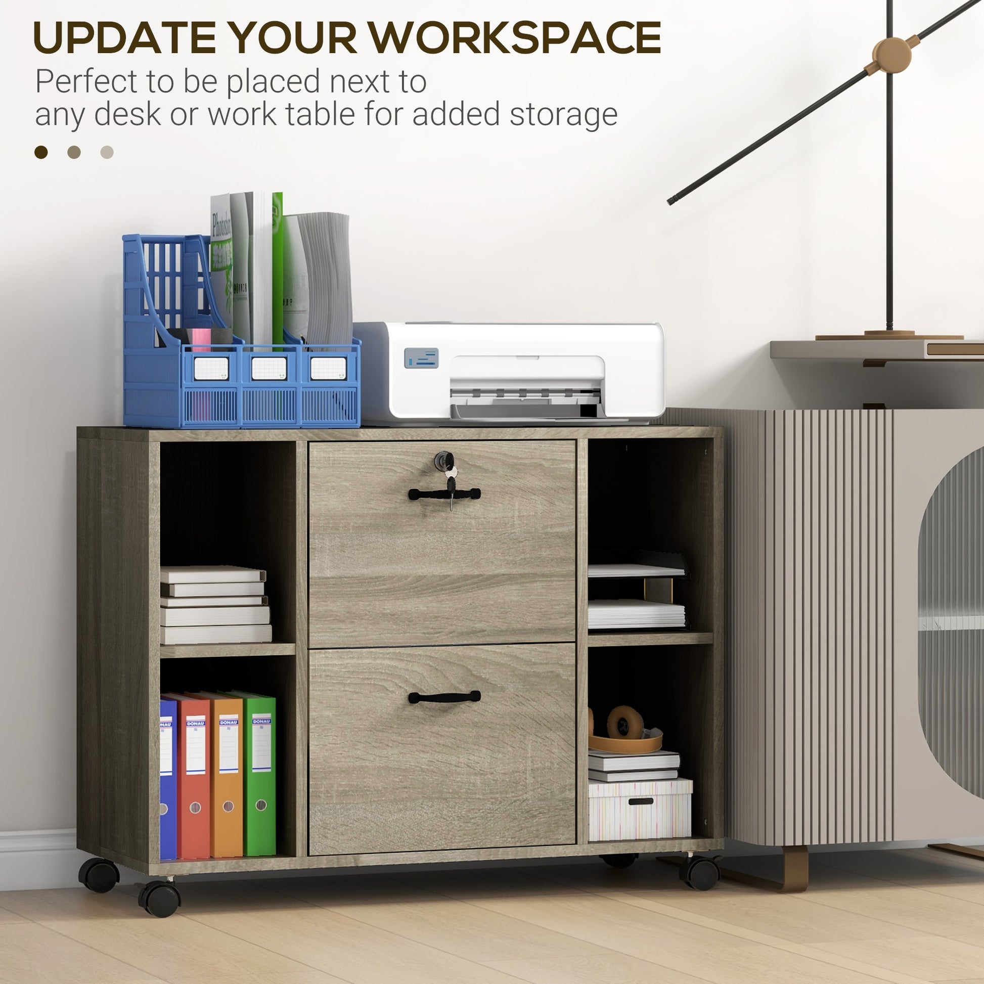 Lateral Filing Cabinet with Wheels and Lockable Drawer, File Cabinet, Mobile Printer Stand with Open Shelves for Letter and A4 Size Documents for Home Office, Grey-Office Products > Office Furniture > Office Cabinets & Cupboards-DECOROLALA