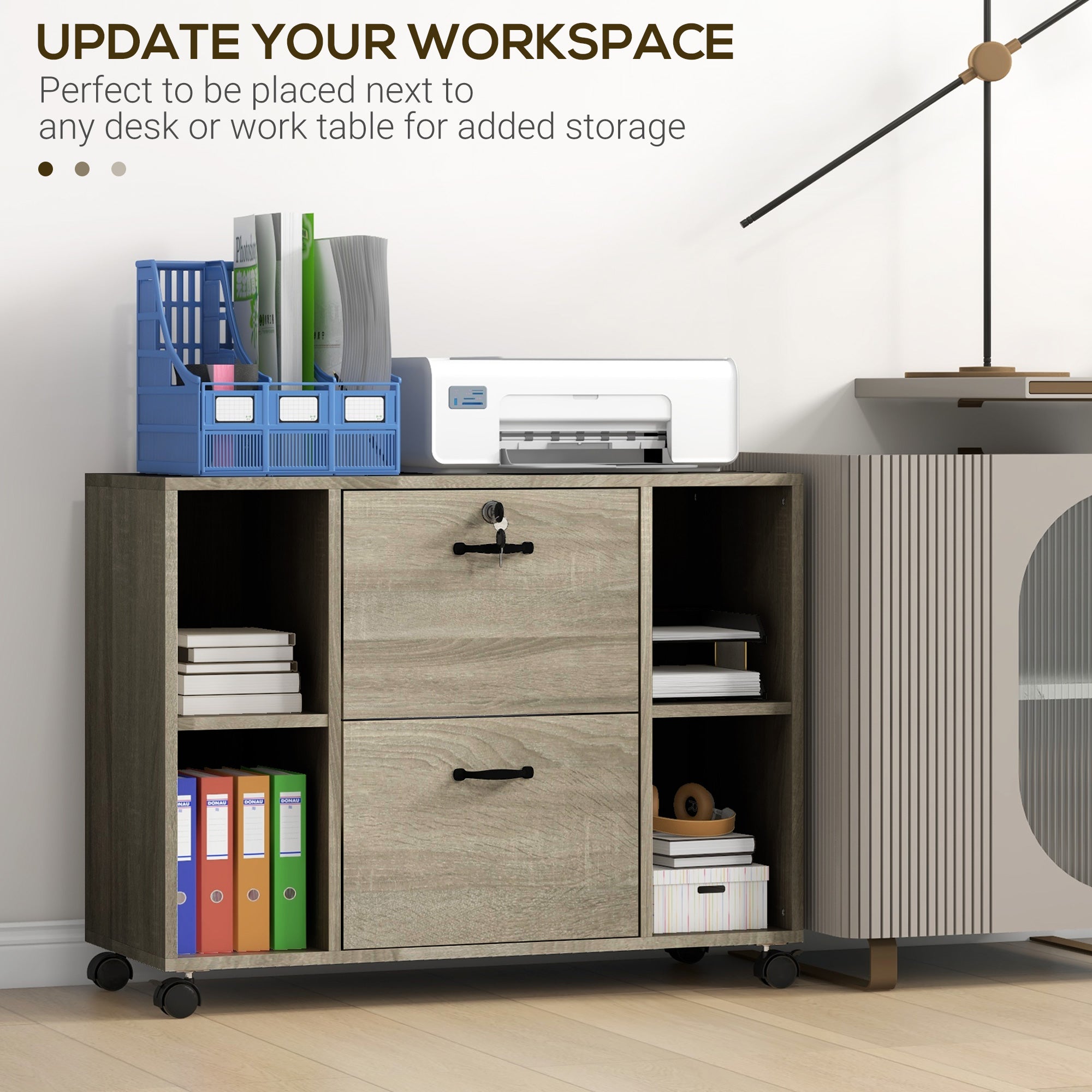 Lateral Filing Cabinet with Wheels and Lockable Drawer, File Cabinet, Mobile Printer Stand with Open Shelves for Letter and A4 Size Documents for Home Office, Grey-Office Products > Office Furniture > Office Cabinets & Cupboards-DECOROLALA