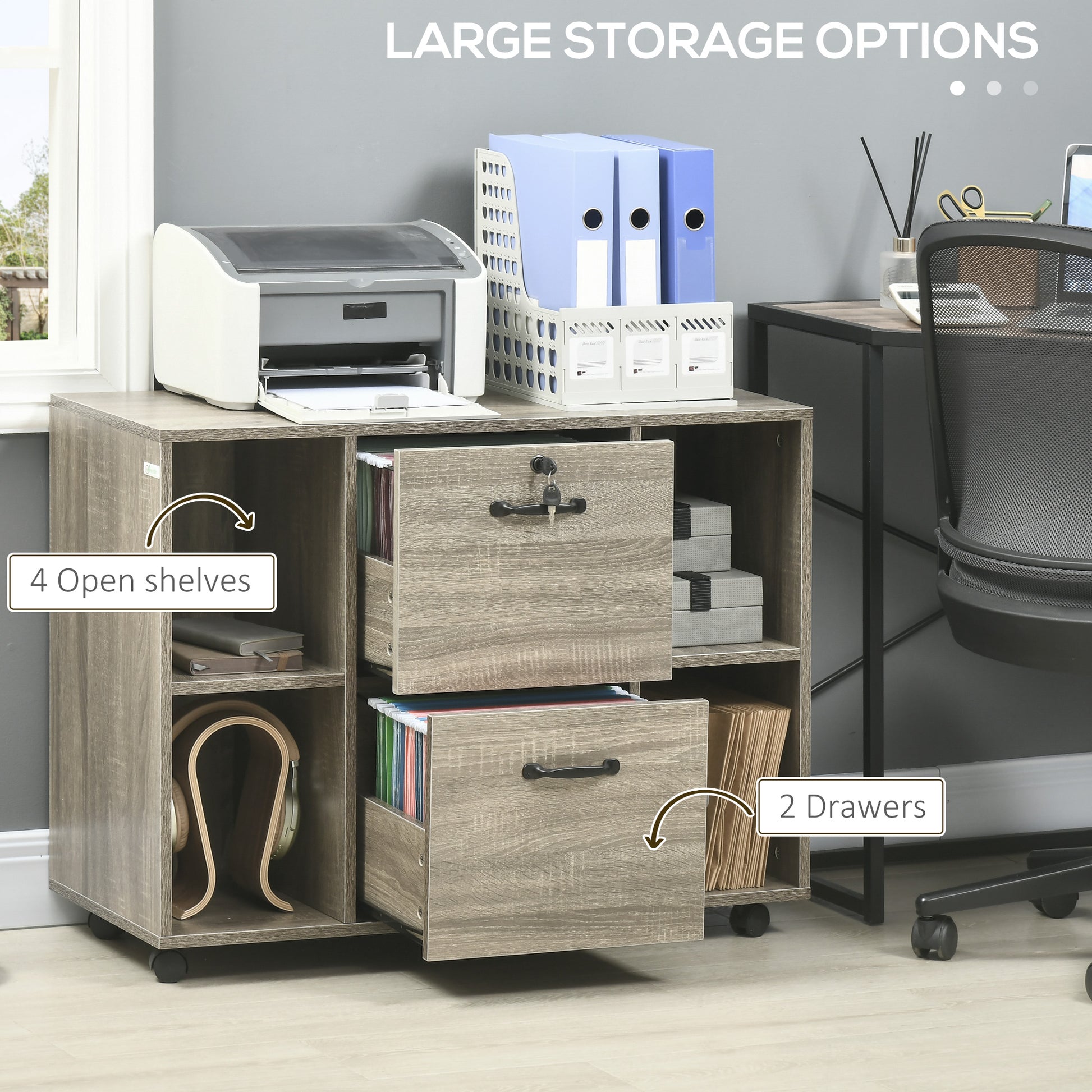 Lateral Filing Cabinet with Wheels and Lockable Drawer, File Cabinet, Mobile Printer Stand with Open Shelves for Letter and A4 Size Documents for Home Office, Grey-Office Products > Office Furniture > Office Cabinets & Cupboards-DECOROLALA