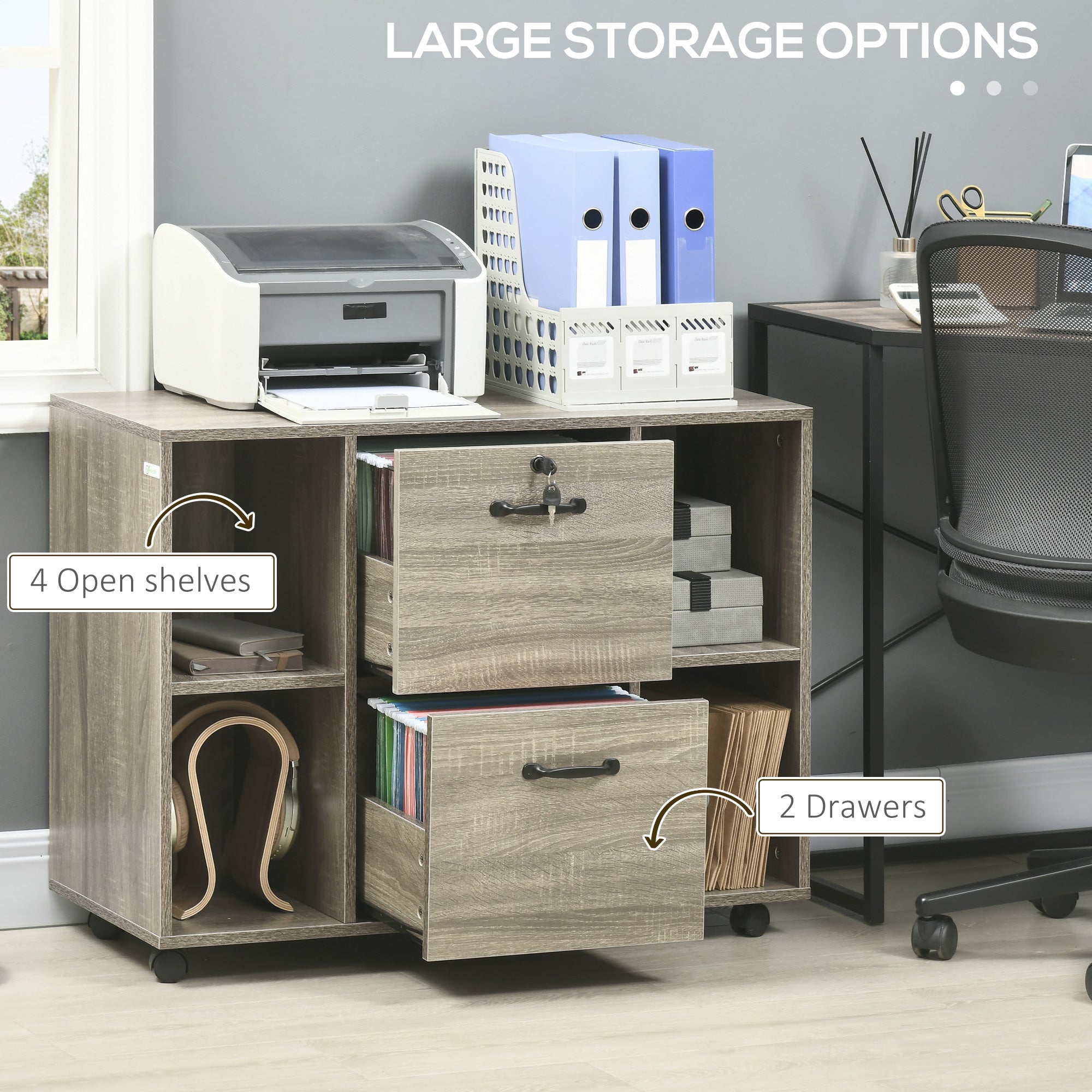 Lateral Filing Cabinet with Wheels and Lockable Drawer, File Cabinet, Mobile Printer Stand with Open Shelves for Letter and A4 Size Documents for Home Office, Grey-Office Products > Office Furniture > Office Cabinets & Cupboards-DECOROLALA