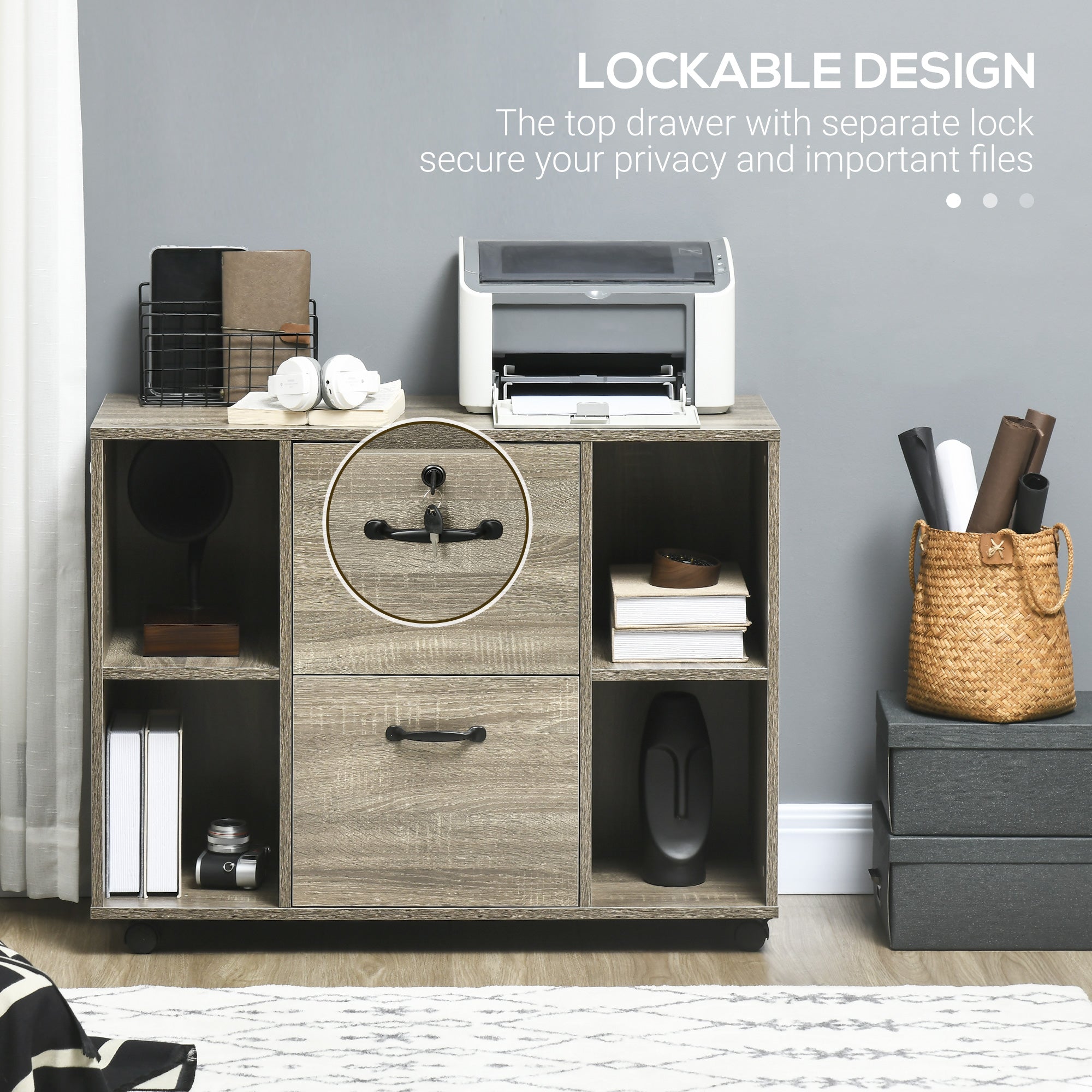 Lateral Filing Cabinet with Wheels and Lockable Drawer, File Cabinet, Mobile Printer Stand with Open Shelves for Letter and A4 Size Documents for Home Office, Grey-Office Products > Office Furniture > Office Cabinets & Cupboards-DECOROLALA