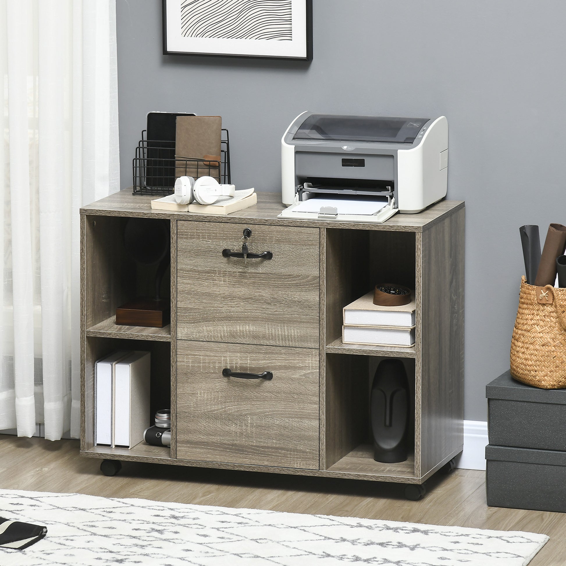 Lateral Filing Cabinet with Wheels and Lockable Drawer, File Cabinet, Mobile Printer Stand with Open Shelves for Letter and A4 Size Documents for Home Office, Grey-Office Products > Office Furniture > Office Cabinets & Cupboards-DECOROLALA