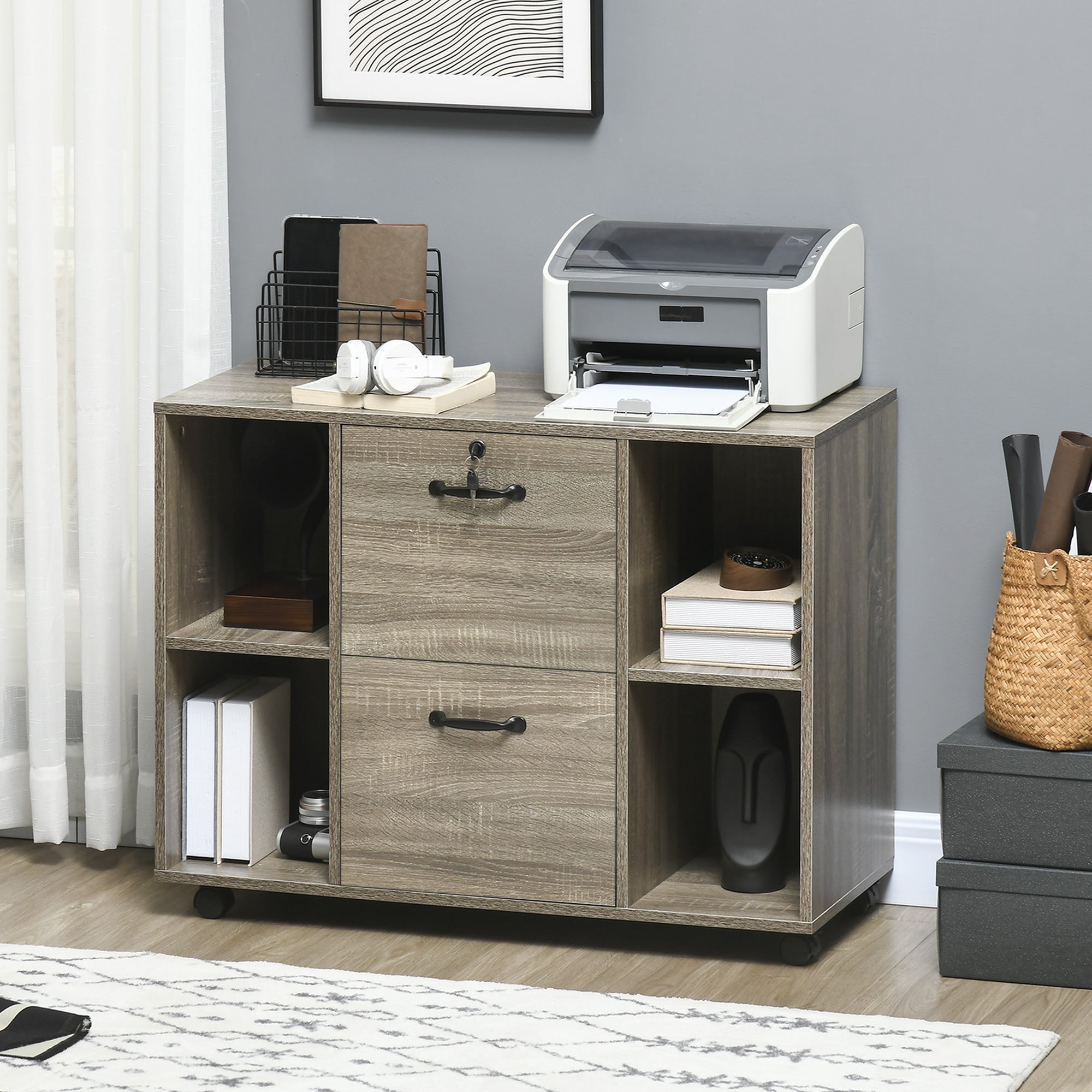 Lateral Filing Cabinet with Wheels and Lockable Drawer, File Cabinet, Mobile Printer Stand with Open Shelves for Letter and A4 Size Documents for Home Office, Grey-Office Products > Office Furniture > Office Cabinets & Cupboards-DECOROLALA