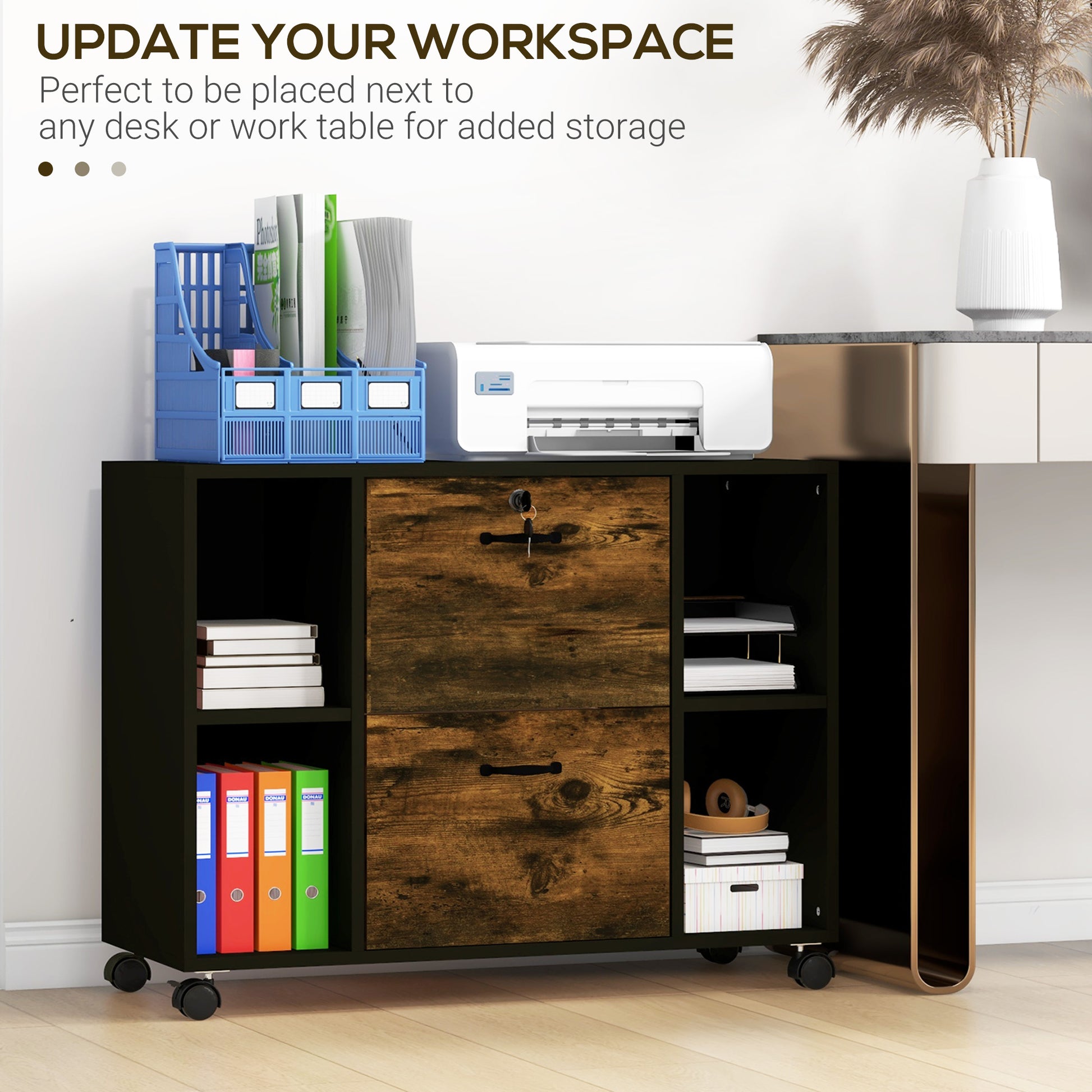 Lateral Filing Cabinet with Wheels and Lockable Drawer, File Cabinet, Mobile Printer Stand with Open Shelves for Letter and A4 Size Documents for Home Office, Rustic Brown-Office Products > Office Furniture > Office Cabinets & Cupboards-DECOROLALA