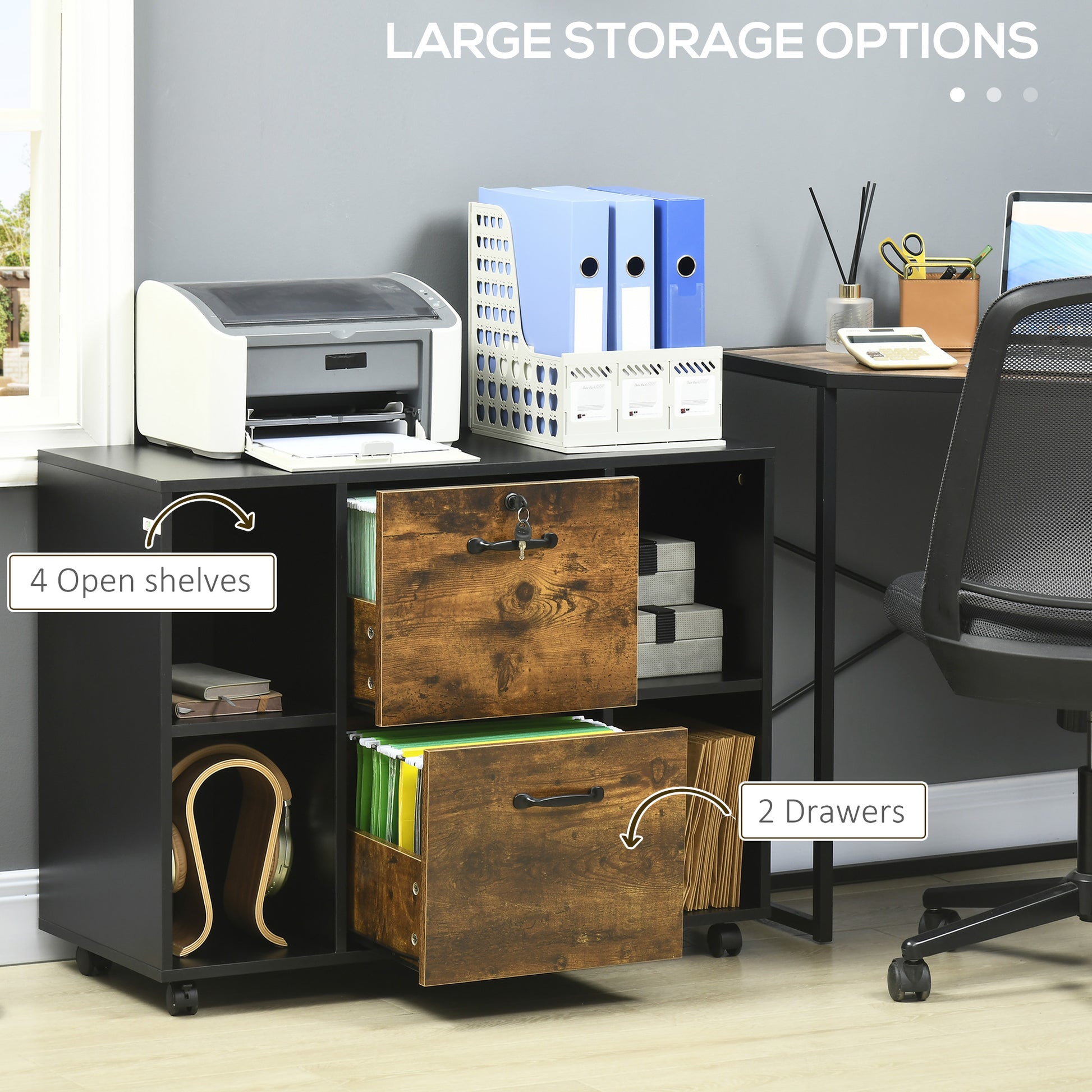 Lateral Filing Cabinet with Wheels and Lockable Drawer, File Cabinet, Mobile Printer Stand with Open Shelves for Letter and A4 Size Documents for Home Office, Rustic Brown-Office Products > Office Furniture > Office Cabinets & Cupboards-DECOROLALA