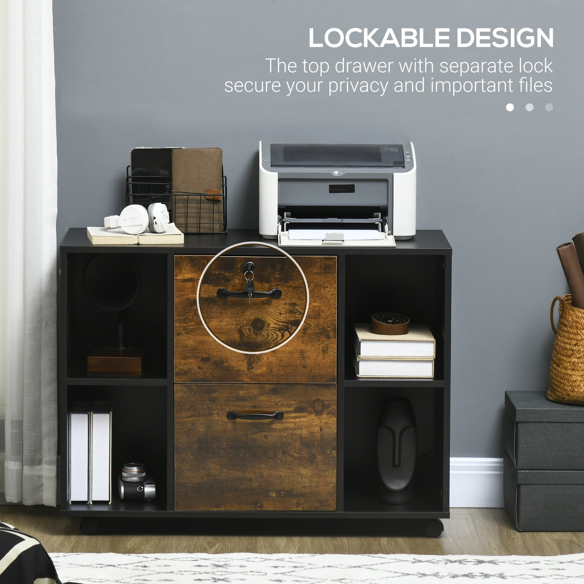 Lateral Filing Cabinet with Wheels and Lockable Drawer, File Cabinet, Mobile Printer Stand with Open Shelves for Letter and A4 Size Documents for Home Office, Rustic Brown-Office Products > Office Furniture > Office Cabinets & Cupboards-DECOROLALA