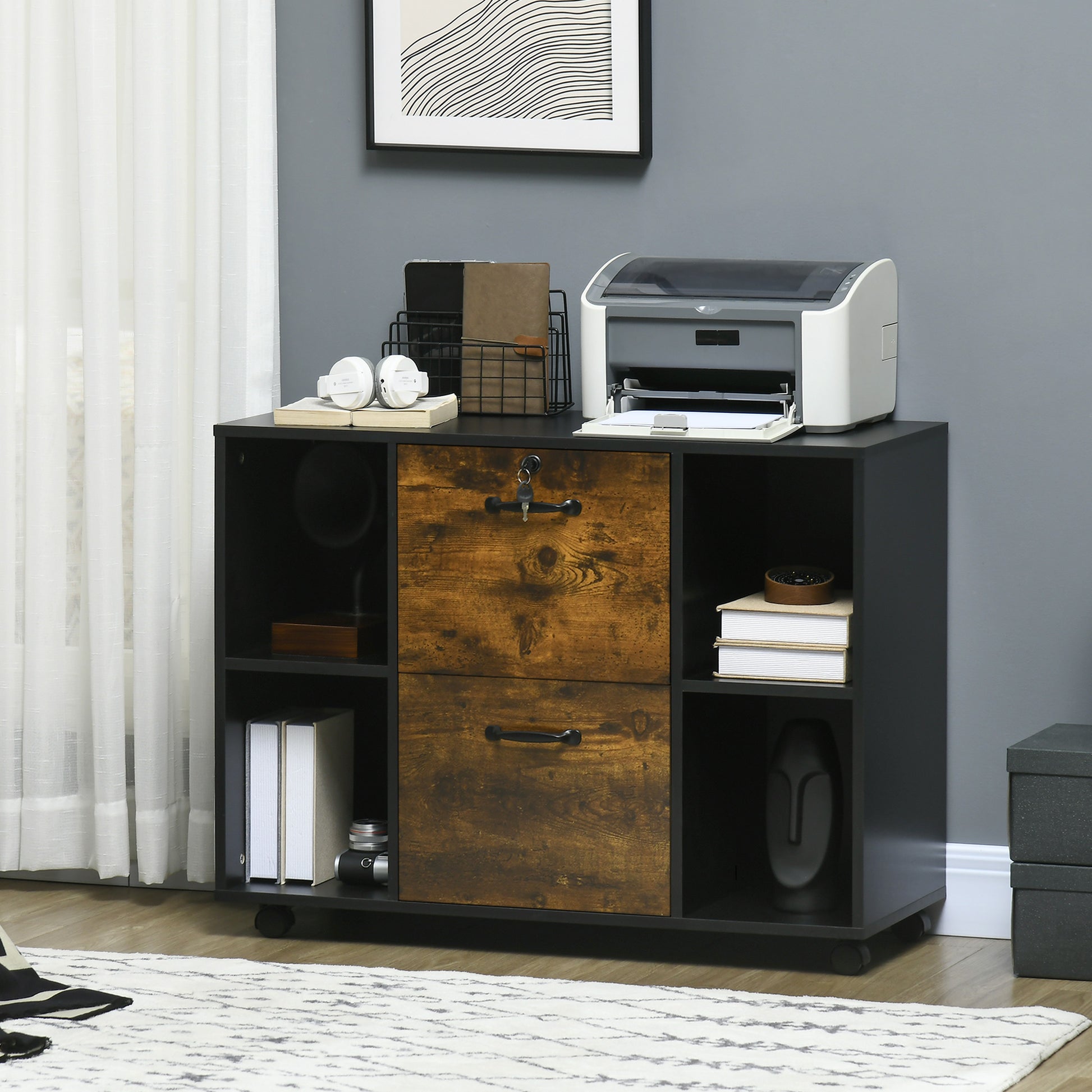 Lateral Filing Cabinet with Wheels and Lockable Drawer, File Cabinet, Mobile Printer Stand with Open Shelves for Letter and A4 Size Documents for Home Office, Rustic Brown-Office Products > Office Furniture > Office Cabinets & Cupboards-DECOROLALA
