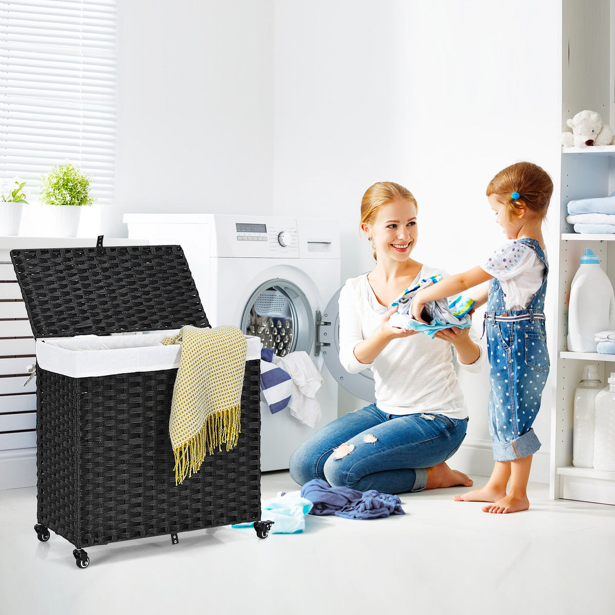 Laundry Hamper with Wheels and Lid-Black-Laundry Baskets-DECOROLALA
