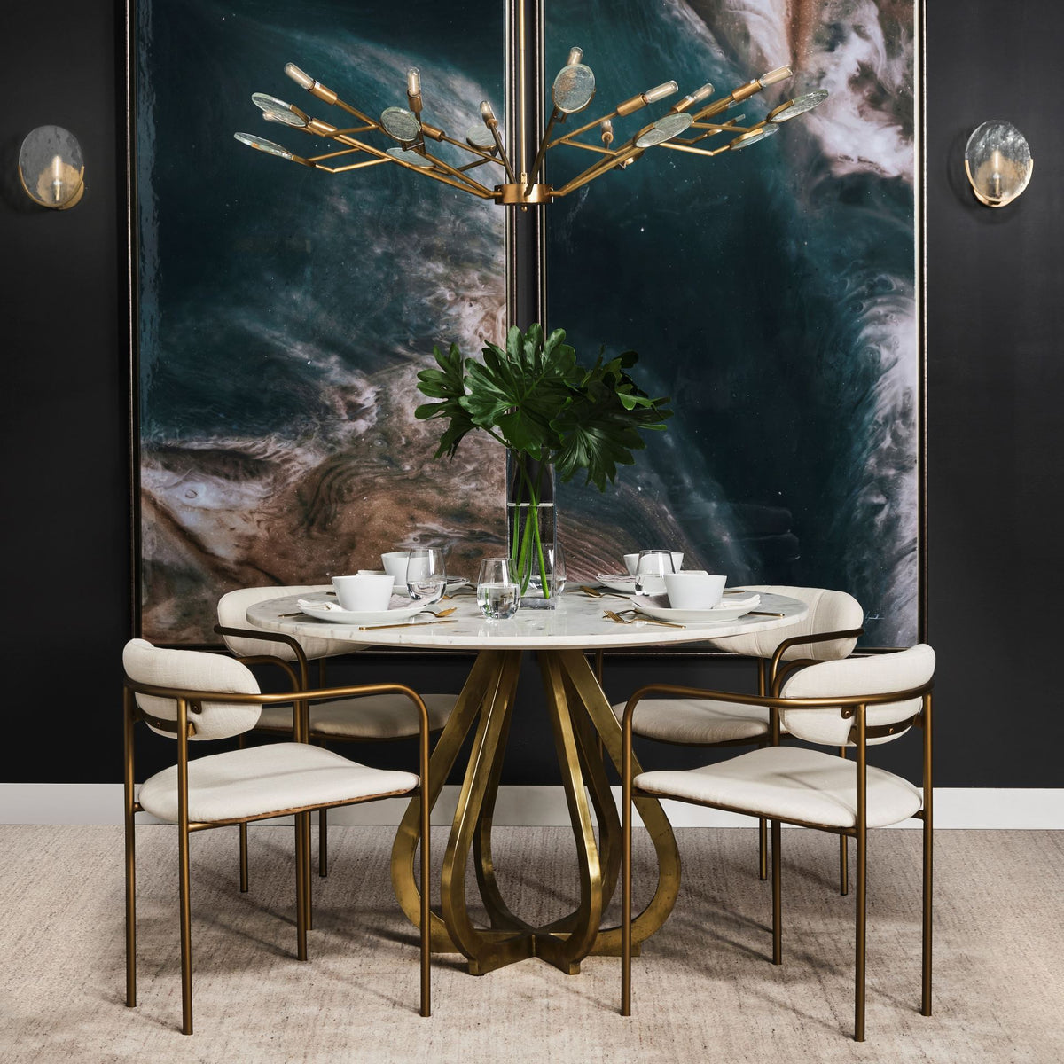 Laurent 48"L x 48"W Dining Table | Modern | White Marble & Gold Metal | Seats 4-Dining Tables-DECOROLALA