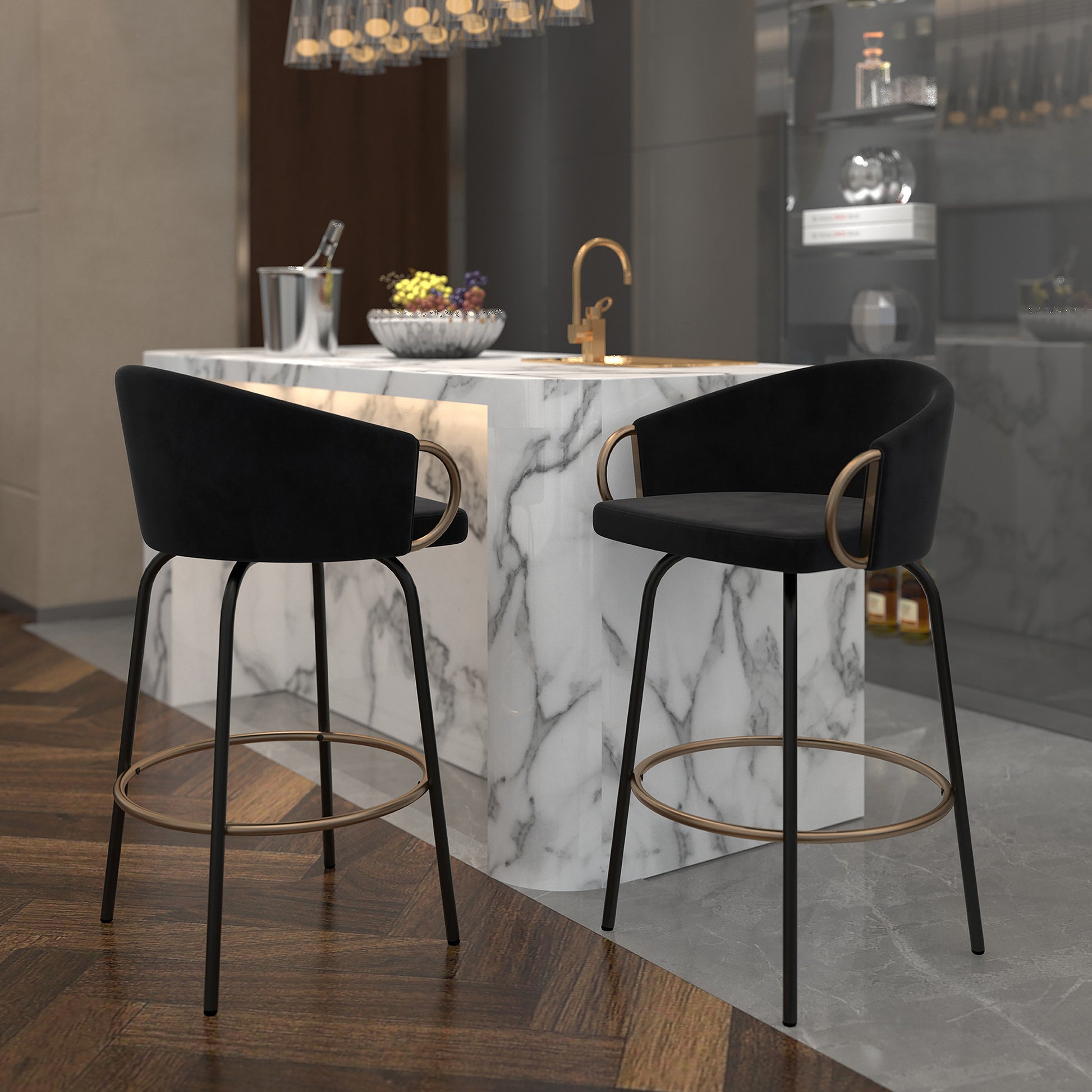 Lavo 26" Counter Stool - Black Velvet with Gold Accents-DECOROLALA