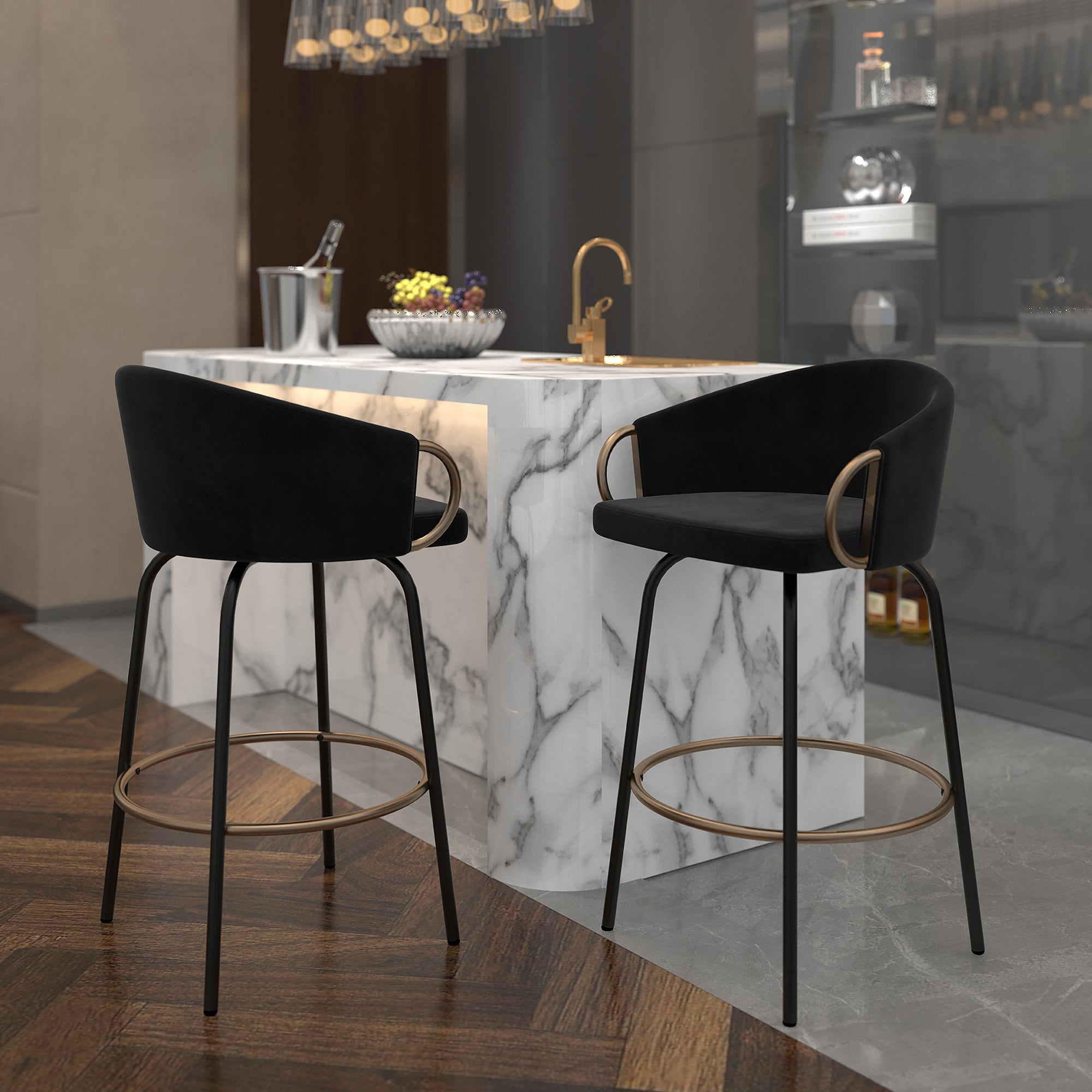Lavo 26" Counter Stool - Black Velvet with Gold Accents-DECOROLALA