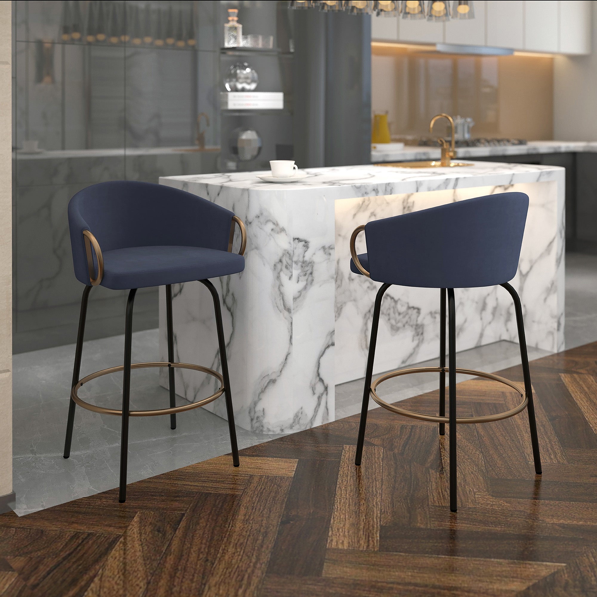Lavo 26" Counter Stool - Blue Velvet with Gold Accents-DECOROLALA