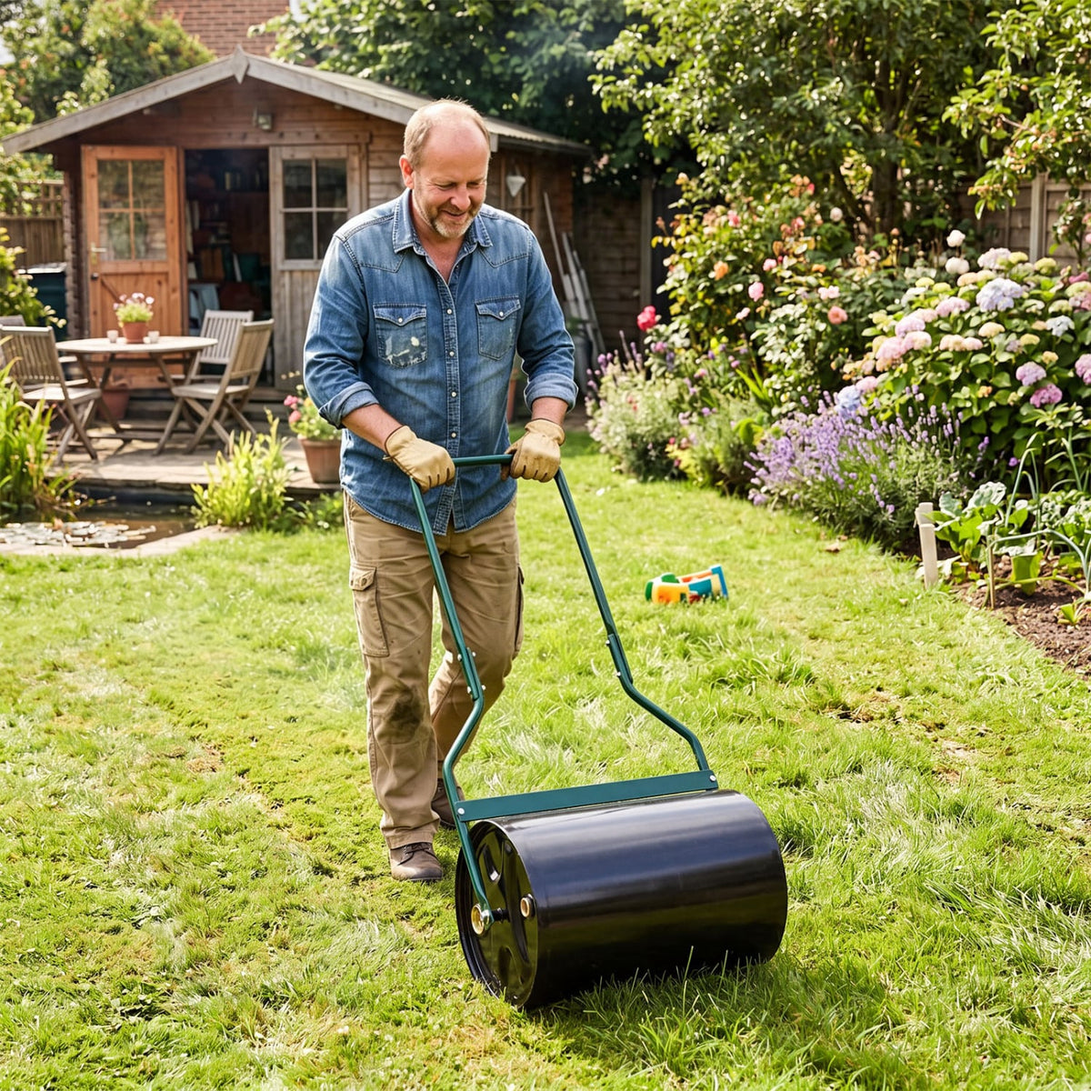 Lawn Roller 12 Gallon Water/Sand Filled Garden Drum Roller with U-shape Handle-Lawn Care Tools-DECOROLALA