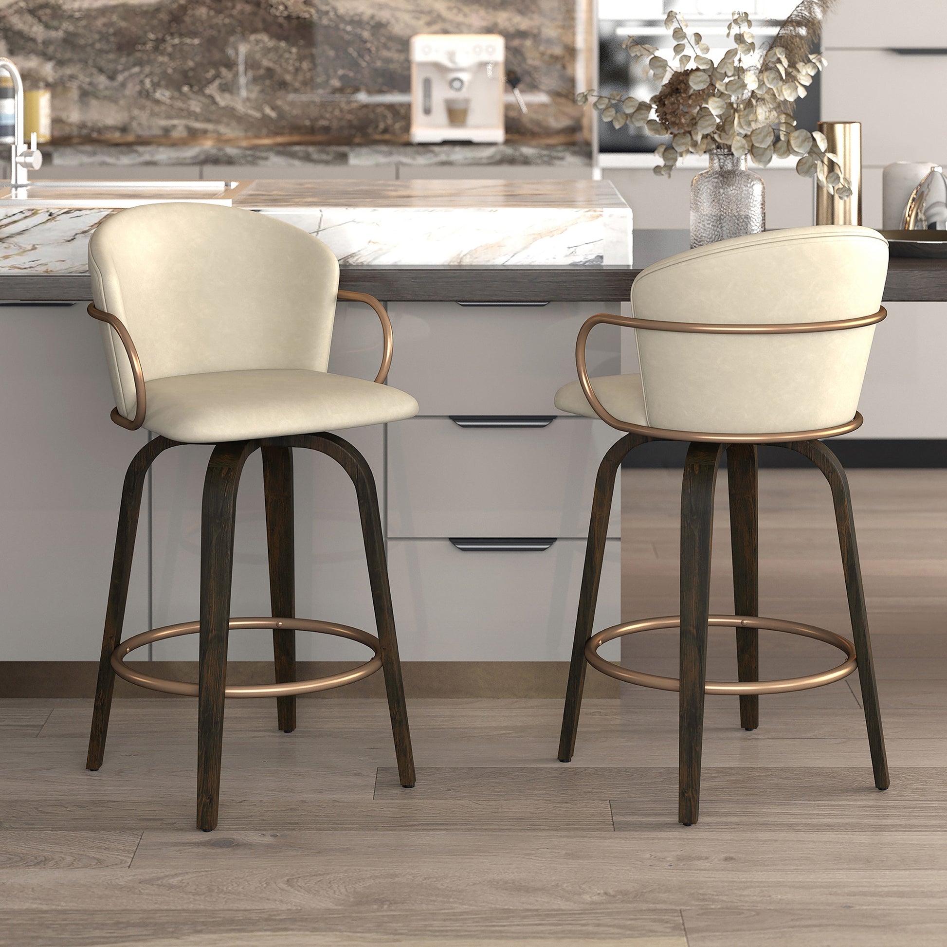 Lawson 26" Counter Stool - Ivory Faux Leather and Gold-DECOROLALA