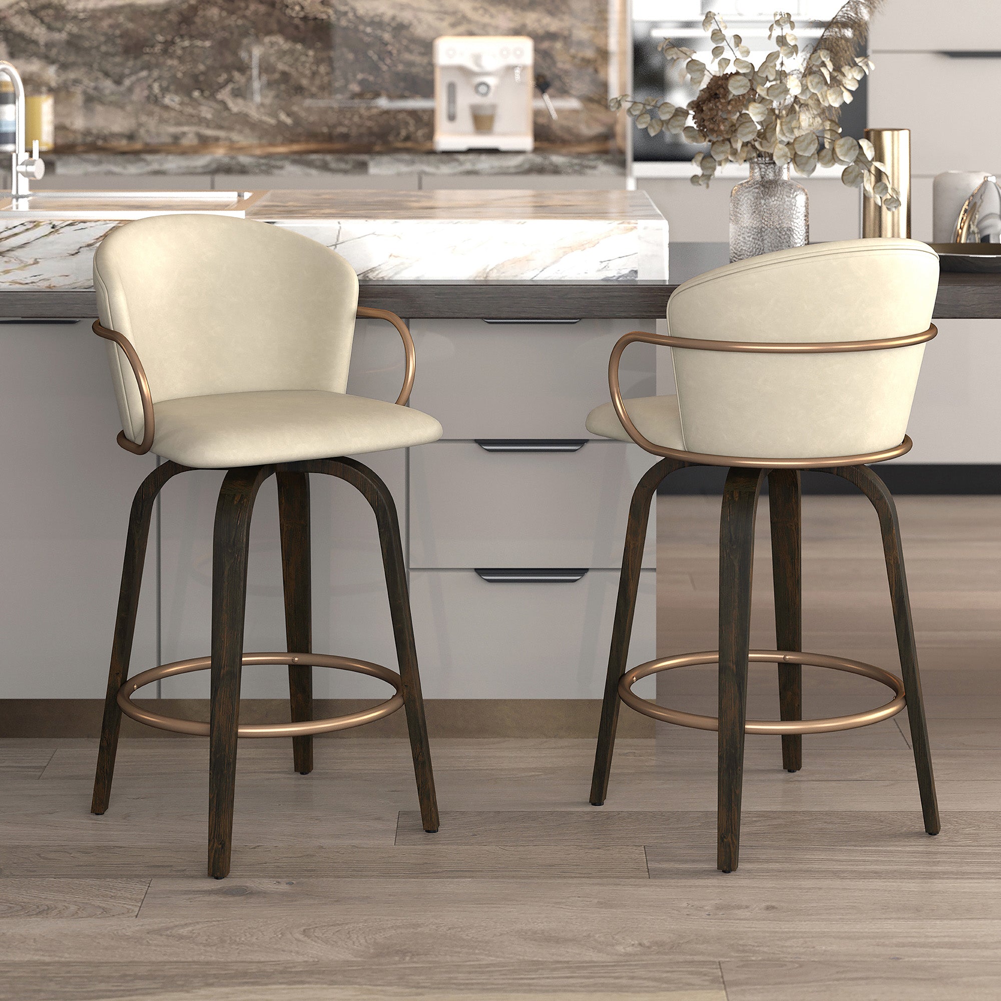 Lawson 26" Counter Stool - Ivory Faux Leather and Gold-DECOROLALA
