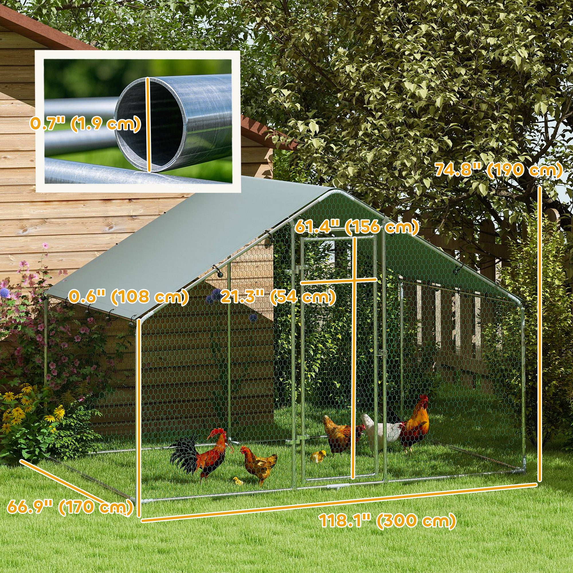 Metal Chicken Coop, 9.8 x 5.6 FT Walk-in Chicken Run with Cover, Lockable Door, Outdoor Poultry Cage for 5-8 Chickens