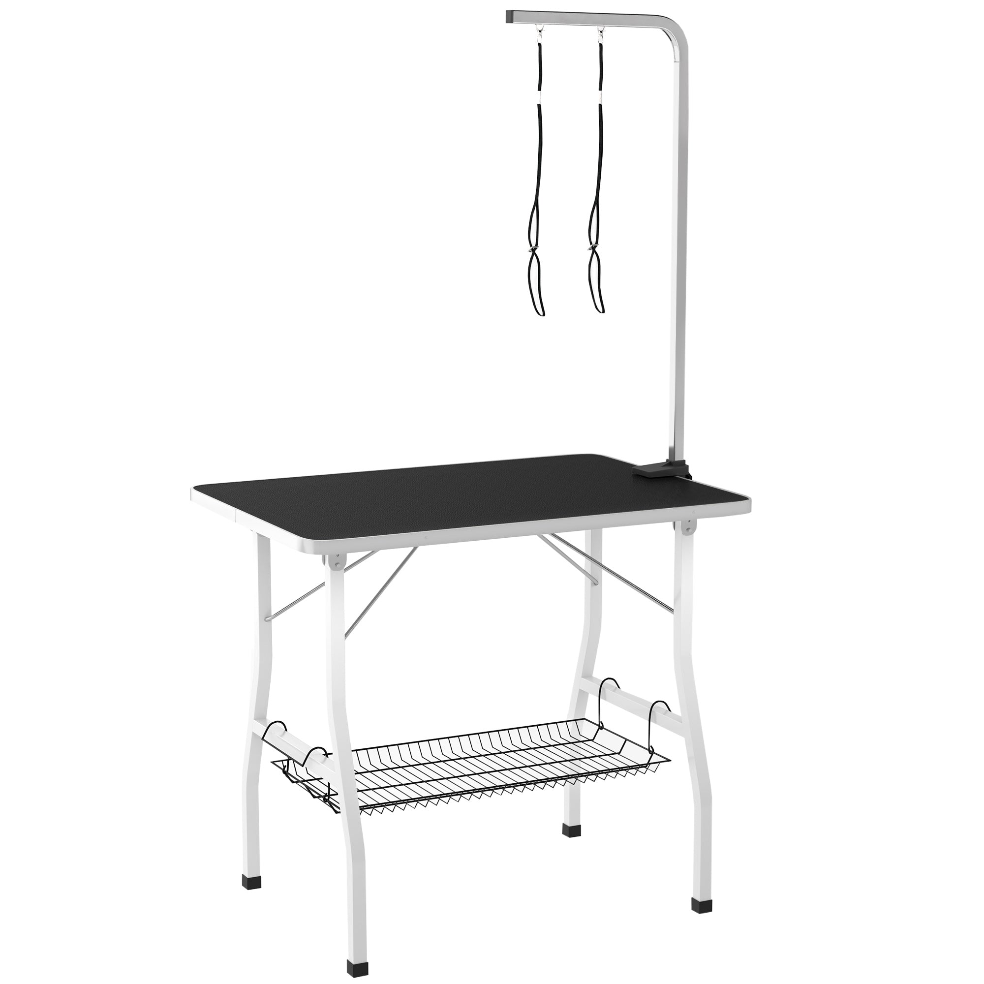 Dog Grooming Table w/ Adjustable Arm, Mesh Tray,  Two Nooses, Rubber Surface, 35" x 24" x 61", Black