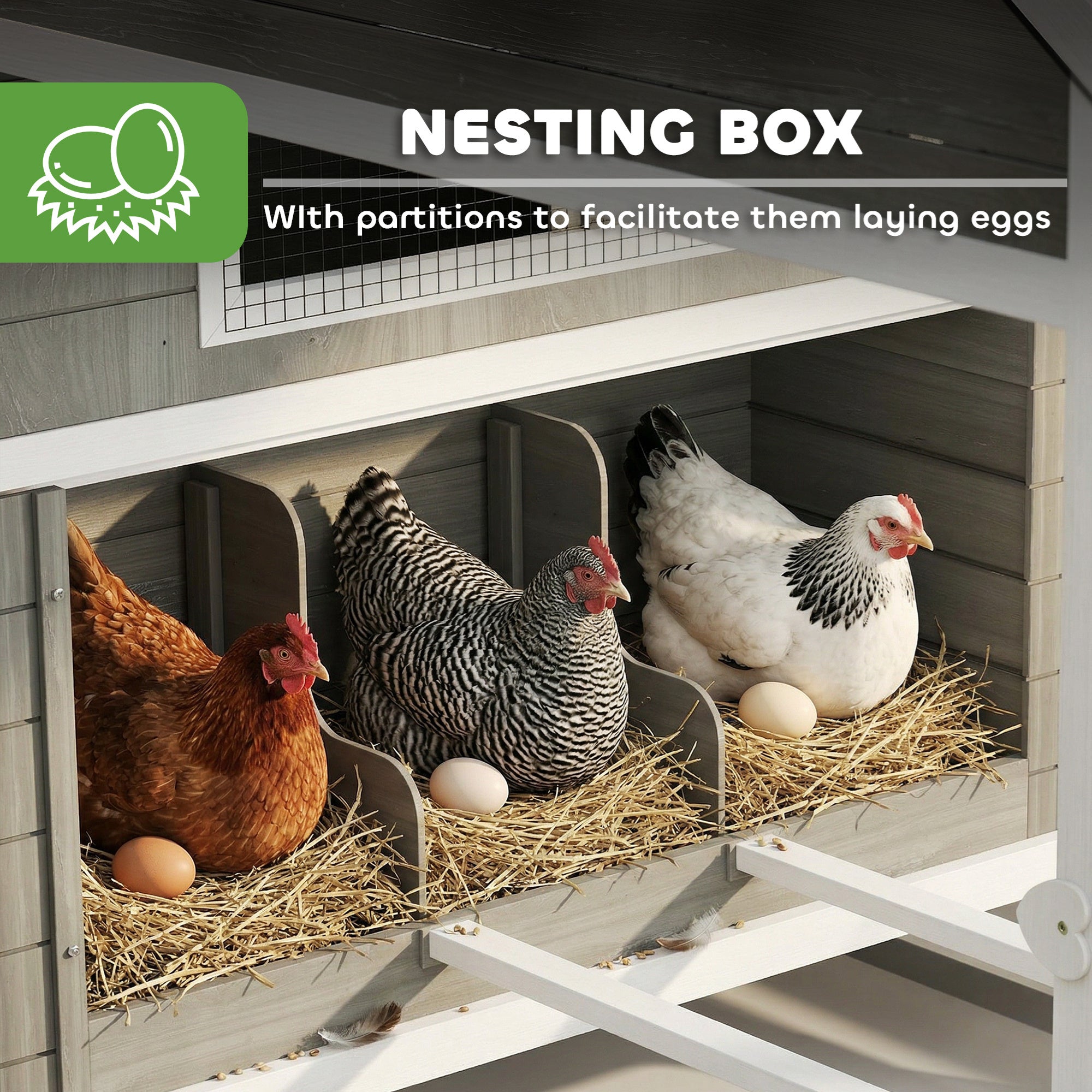 137" Wooden Chicken Coop with Chicken Run, Nesting Box, Dark Grey