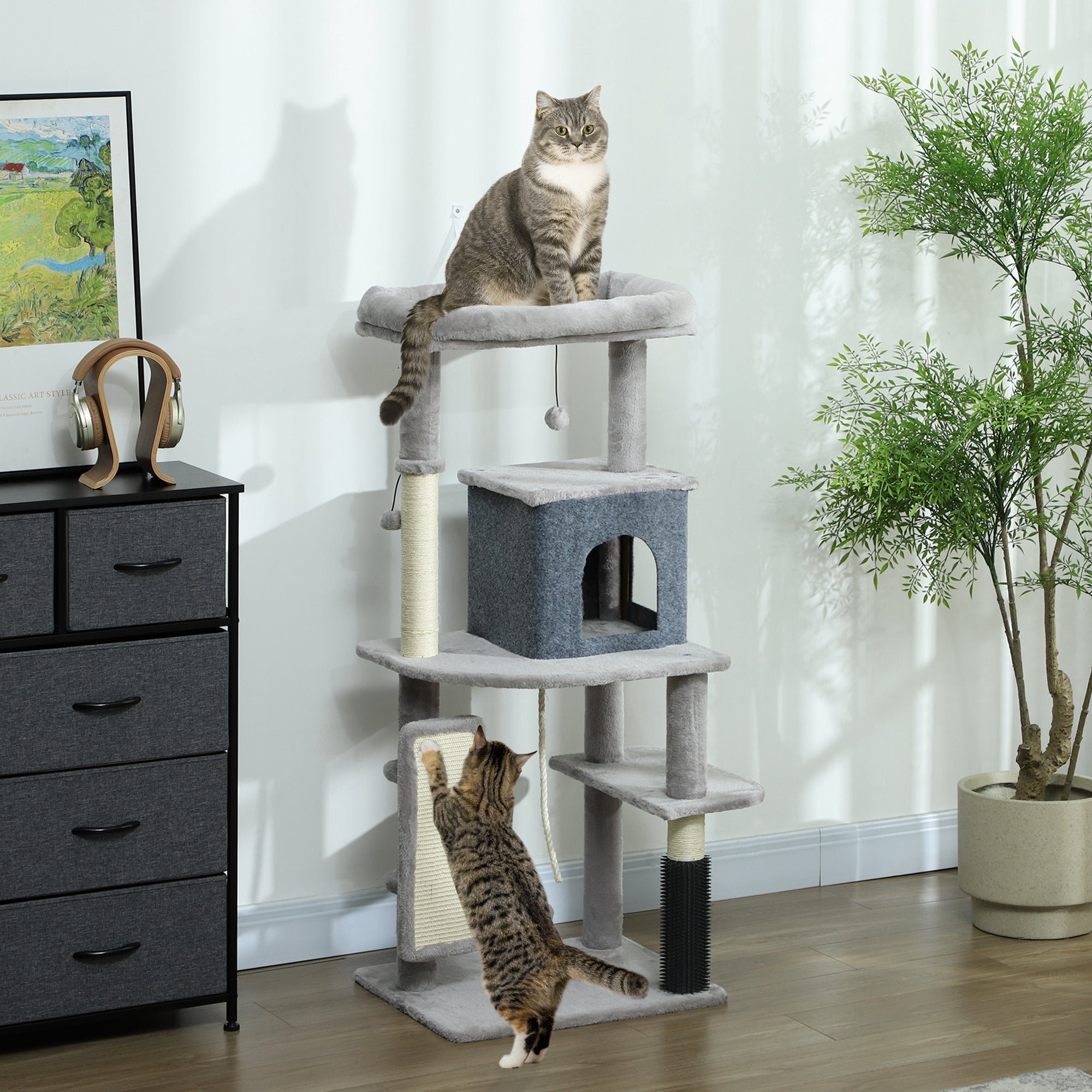 52 Inch Cat Tree with Scratching Posts, Cat Bed, Condo, Grooming Brush, Jumping Platforms, Toy Balls, Anti-tip Kit