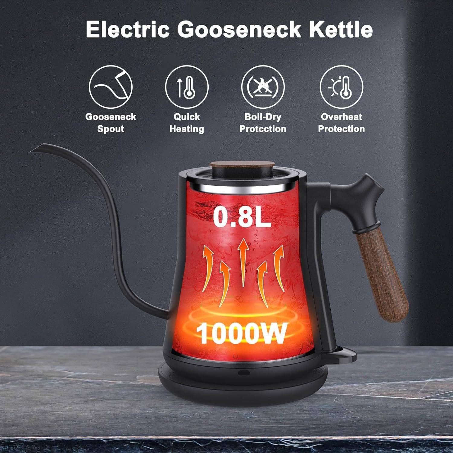Leak-Proof Gooseneck Electric Kettle for Coffee Brewing, Stainless Steel-Kettle-DECOROLALA