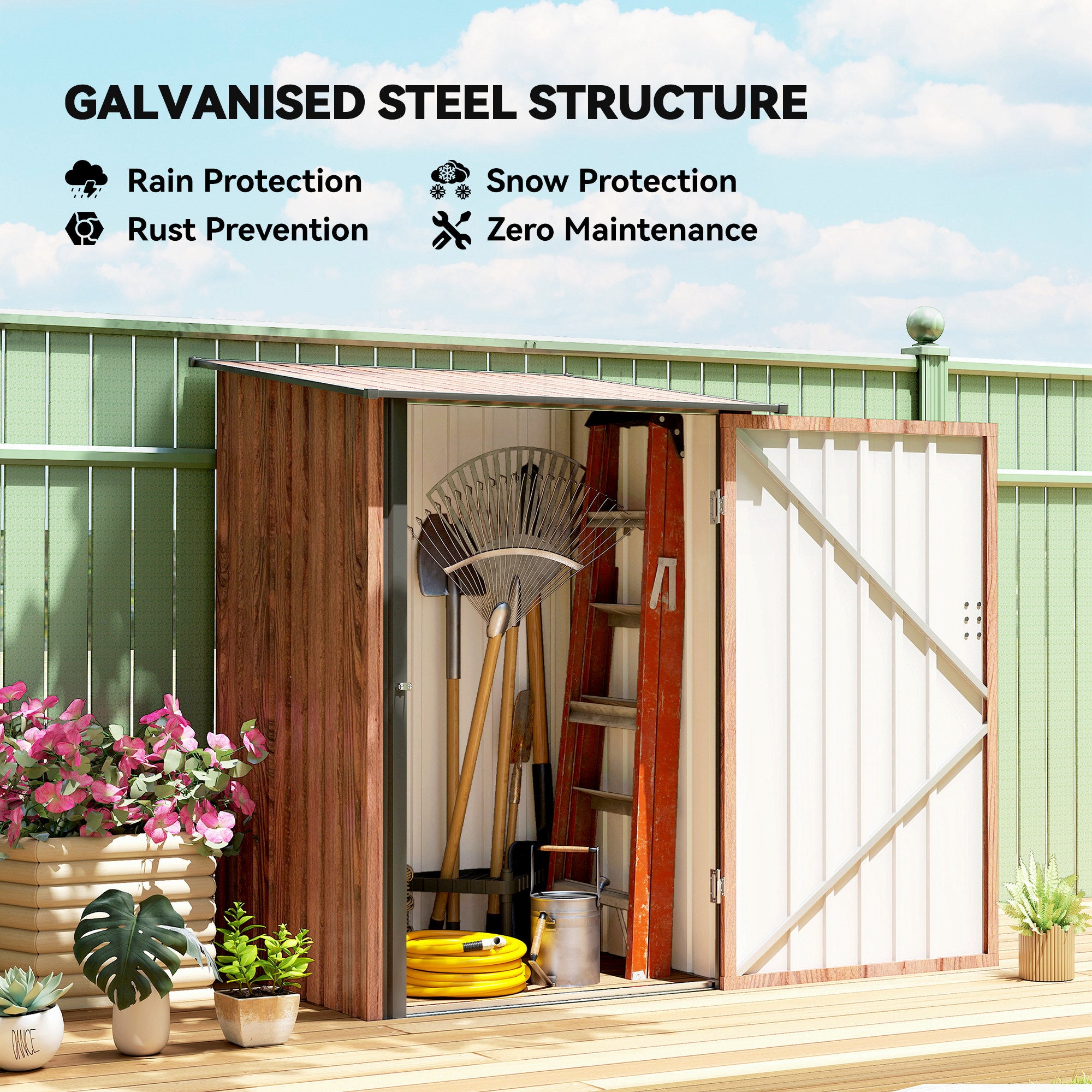 Lean-to Garden Storage Shed - Teak Galvanized Steel 3.3' x 3.4'-Patio & Garden > Lawn & Garden > Sheds-DECOROLALA