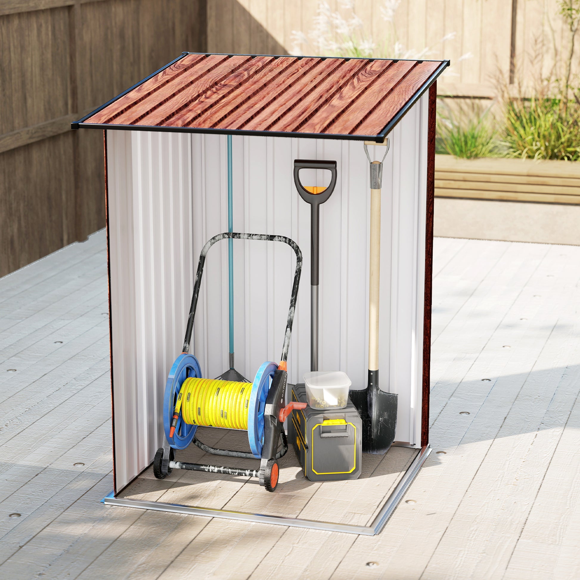 Lean-to Garden Storage Shed - Teak Galvanized Steel 3.3' x 3.4'-Patio & Garden > Lawn & Garden > Sheds-DECOROLALA