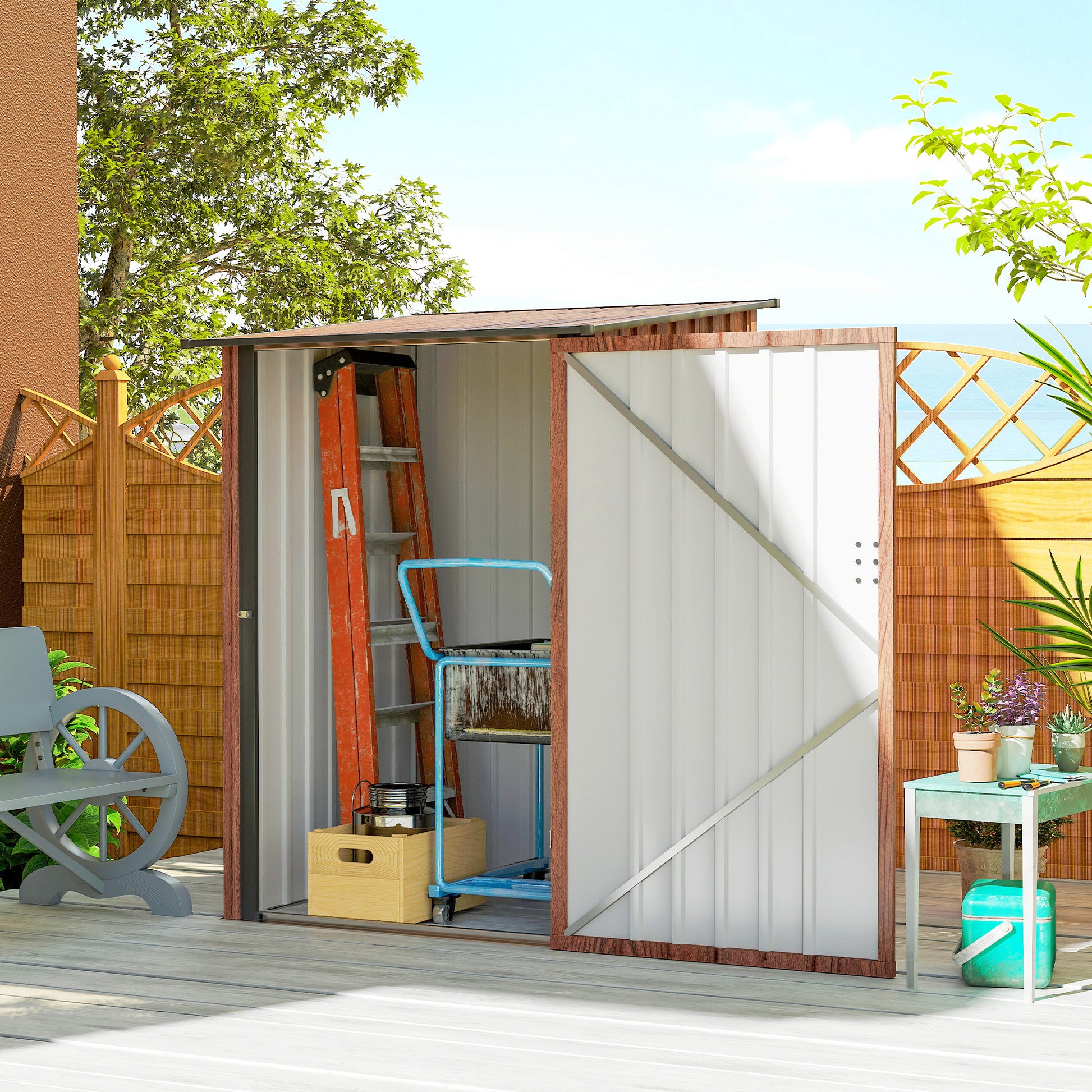 Lean-to Garden Storage Shed - Teak Galvanized Steel 3.3' x 3.4'-Patio & Garden > Lawn & Garden > Sheds-DECOROLALA
