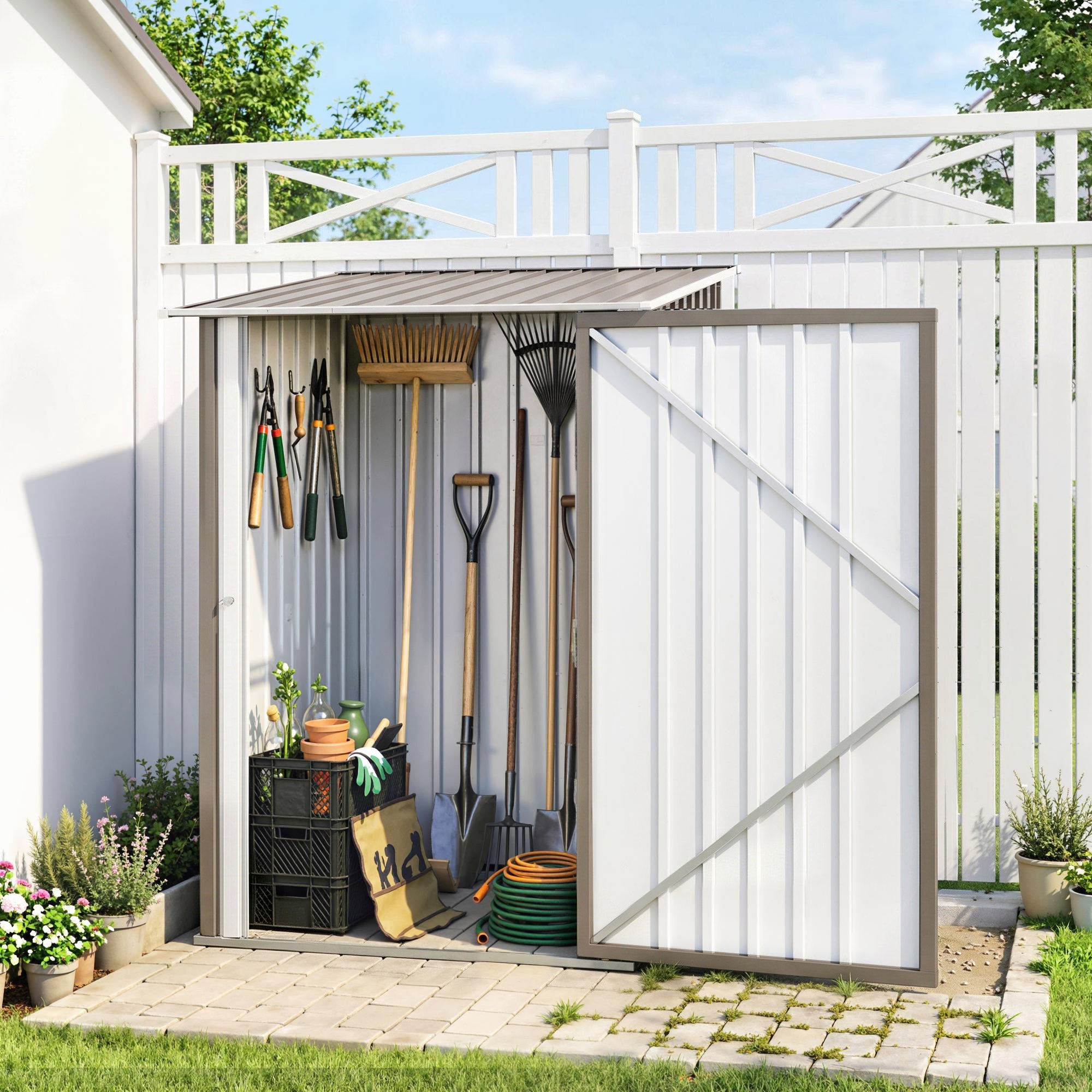Lean-to Outdoor Storage Shed - Brown/White Steel 3.3' x 3.4'-Patio & Garden > Lawn & Garden > Sheds-DECOROLALA