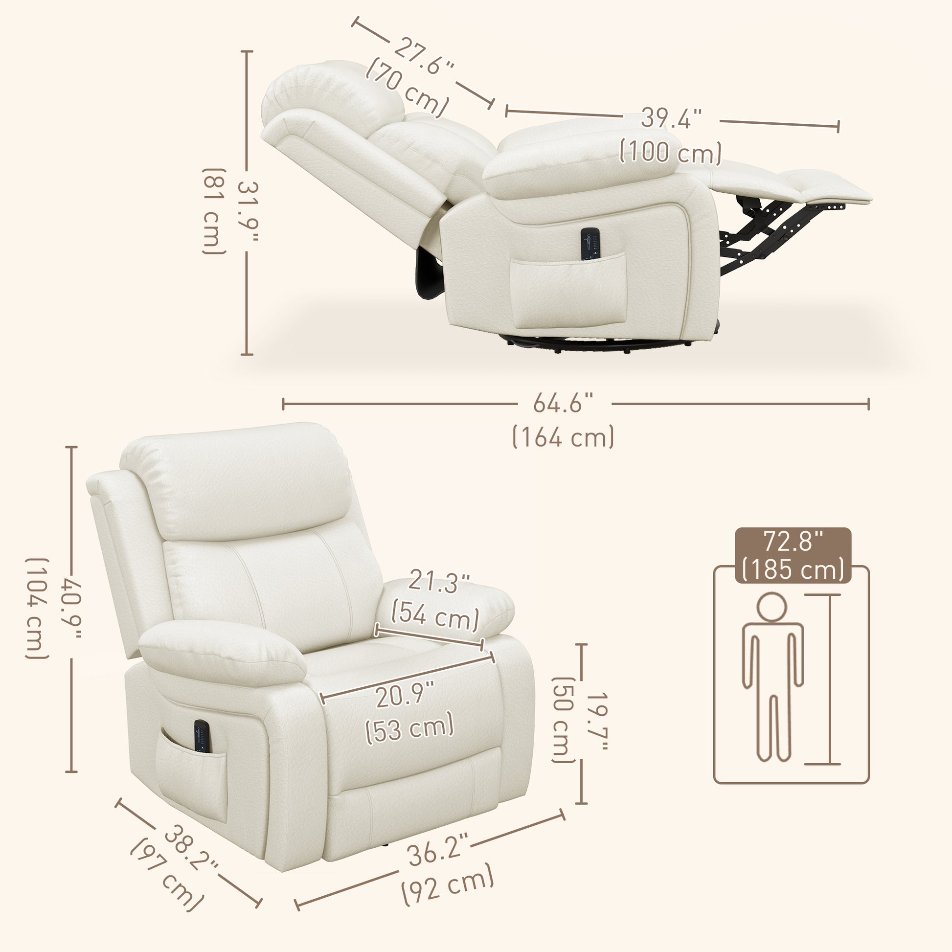 Leather Recliner with Massage & Swivel, Rocking Cream White-DECOROLALA