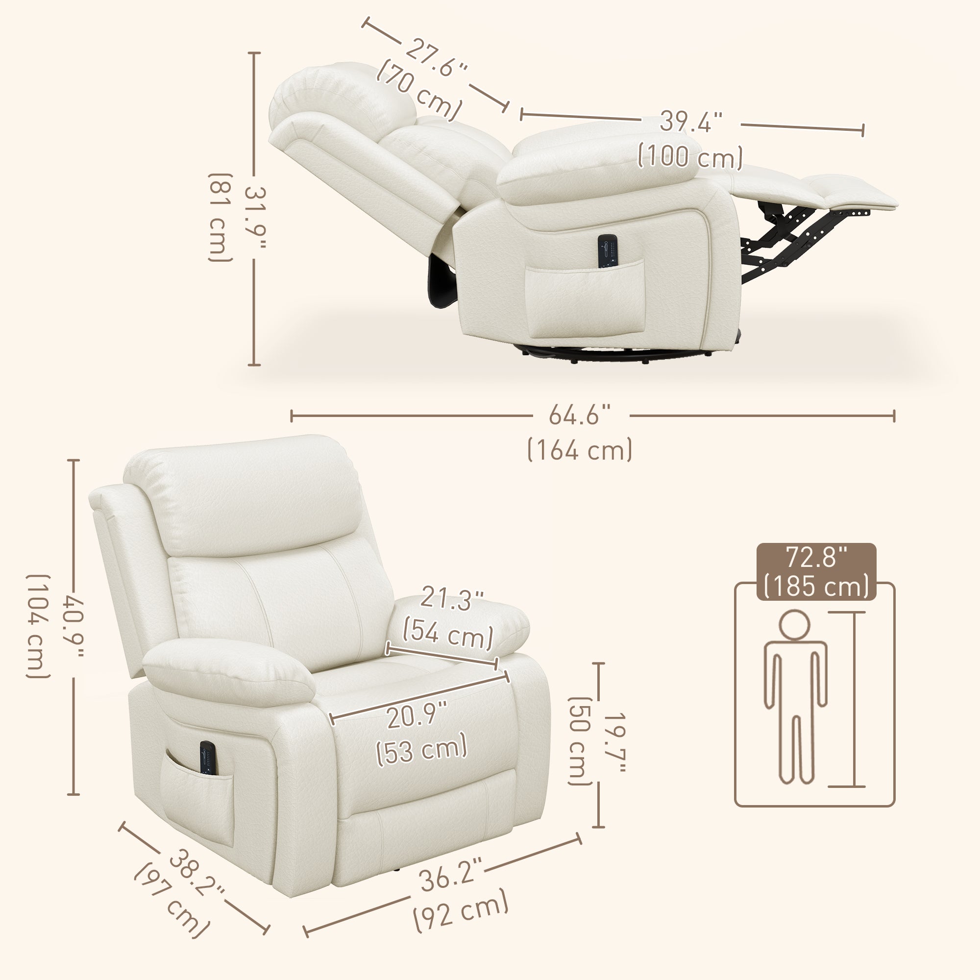 Leather Recliner with Massage & Swivel, Rocking Cream White-DECOROLALA