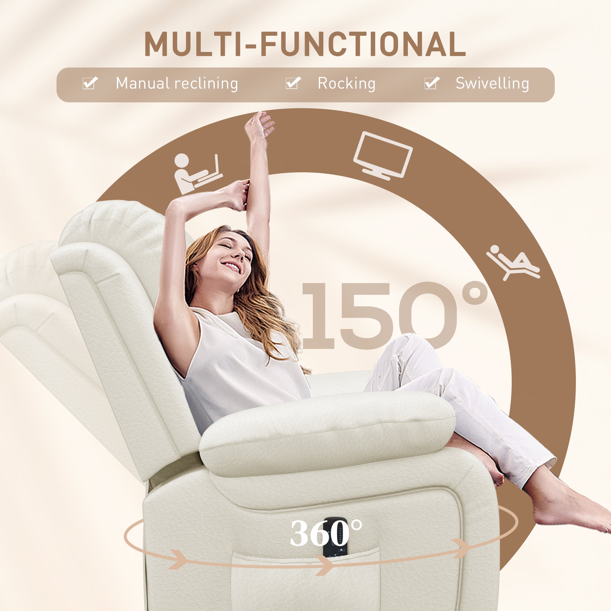 Leather Recliner with Massage & Swivel, Rocking Cream White-DECOROLALA