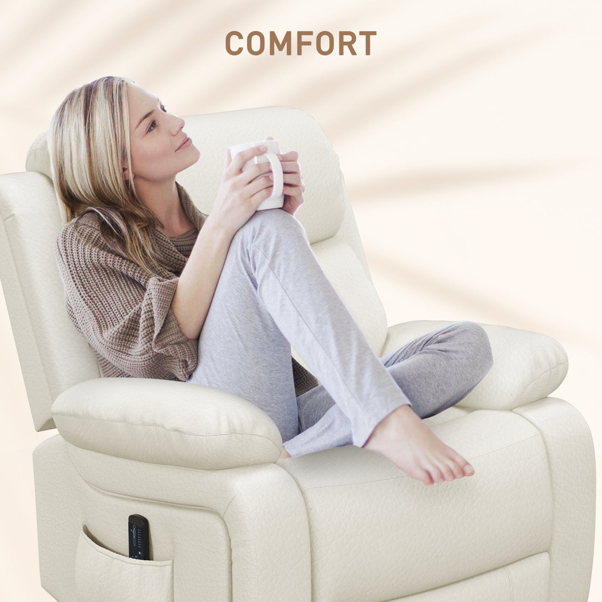 Leather Recliner with Massage & Swivel, Rocking Cream White-DECOROLALA