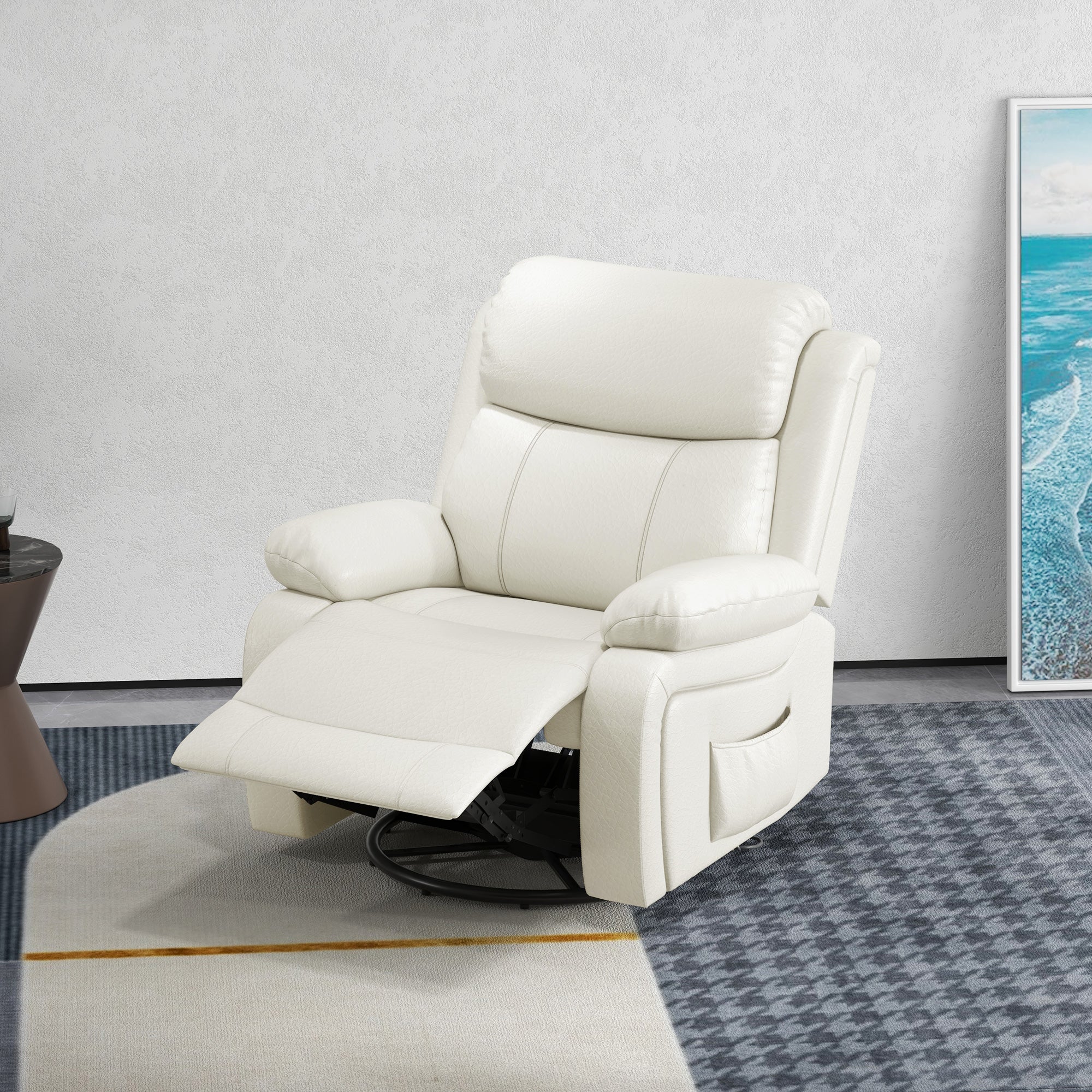 Leather Recliner with Massage & Swivel, Rocking Cream White-DECOROLALA