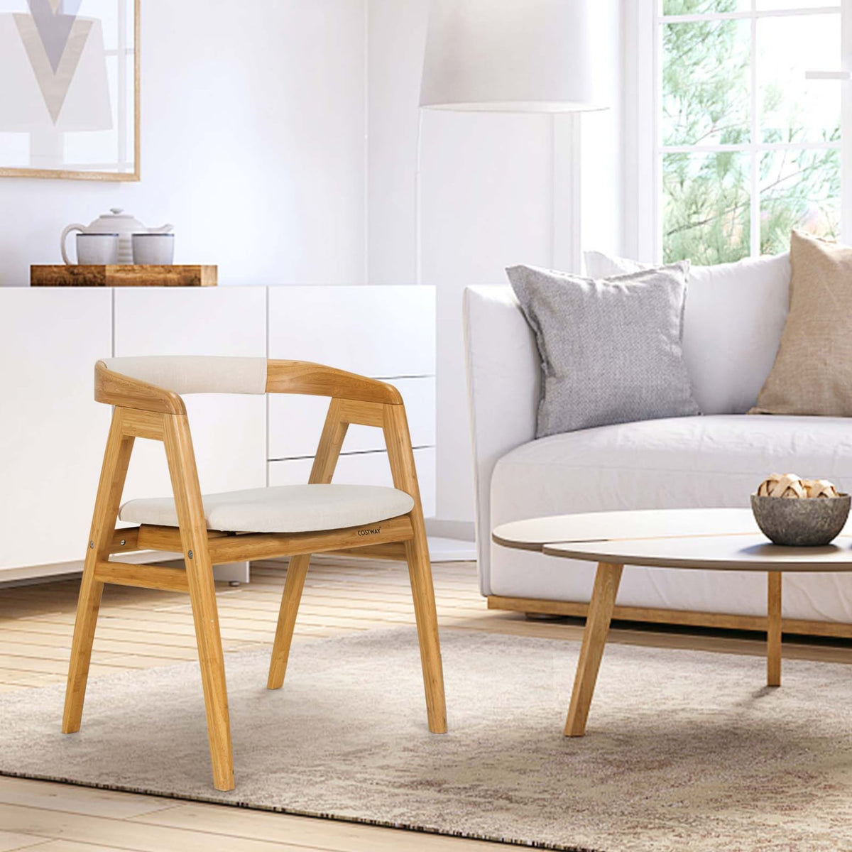 Leisure Bamboo Dining Chair with Curved Back and Anti-slip Foot Pads-Natural-Dining Chairs-DECOROLALA