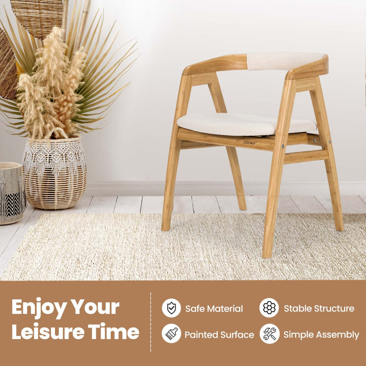 Leisure Bamboo Dining Chair with Curved Back and Anti-slip Foot Pads-Natural-Dining Chairs-DECOROLALA