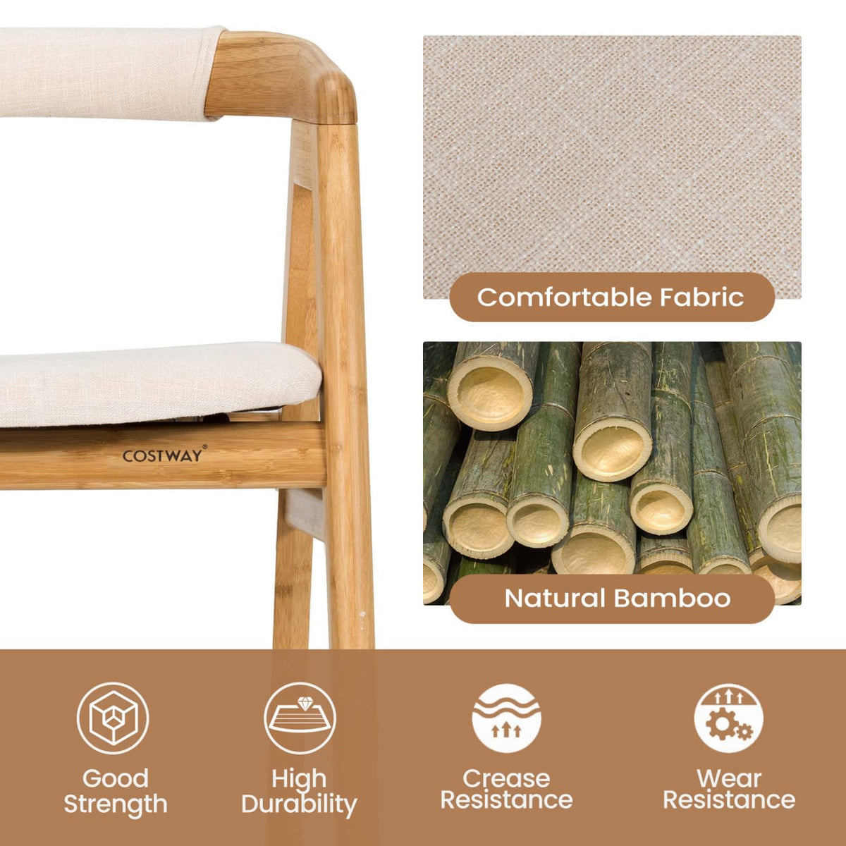 Leisure Bamboo Dining Chair with Curved Back and Anti-slip Foot Pads-Natural-Dining Chairs-DECOROLALA