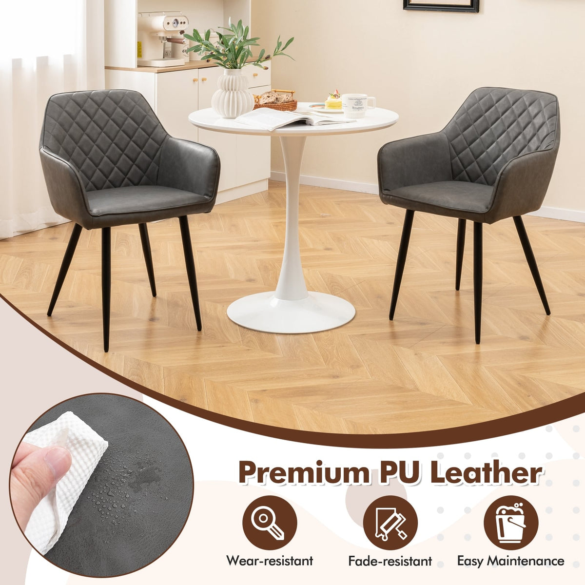 Leisure Dining Chair Set of 2 with Curved Backrest and Wide Seat-Gray-Dining Chairs-DECOROLALA