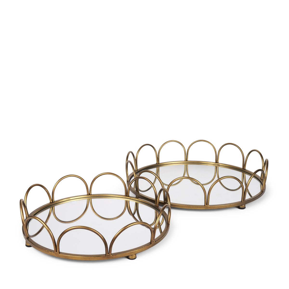 Lenore Round Mirrored Trays with Scalloped Metal Trim - Set of 2-Decorative Objects-DECOROLALA