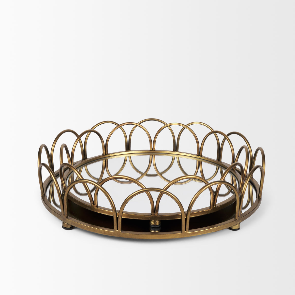 Lenore Round Mirrored Trays with Scalloped Metal Trim - Set of 2-Decorative Objects-DECOROLALA