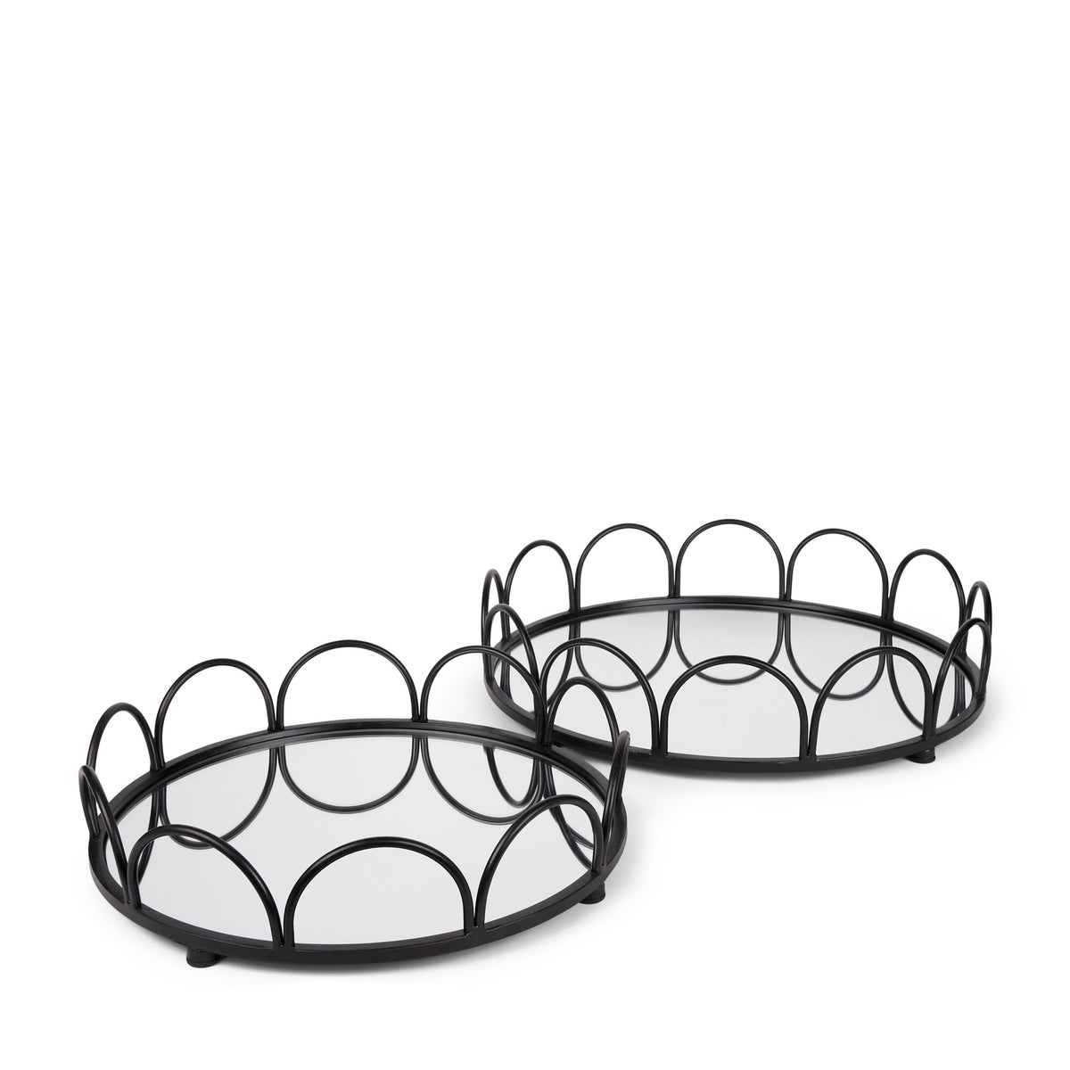 Lenore Round Mirrored Trays with Scalloped Metal Trim - Set of 2-Objects-DECOROLALA