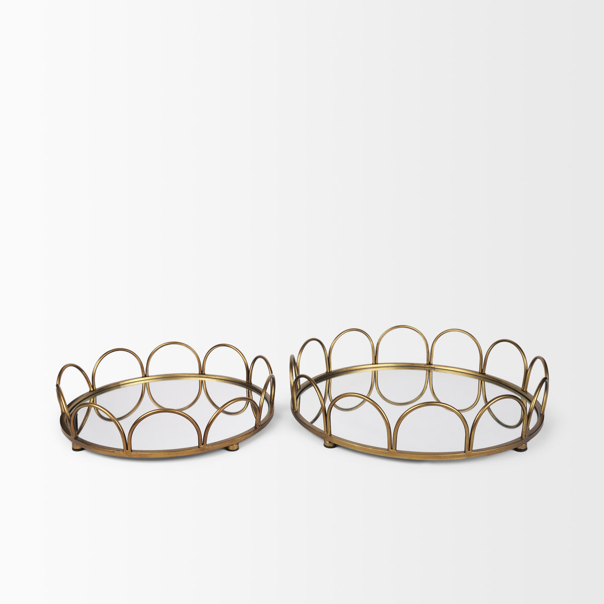 Lenore Round Mirrored Trays with Scalloped Metal Trim - Set of 2-Objects-DECOROLALA