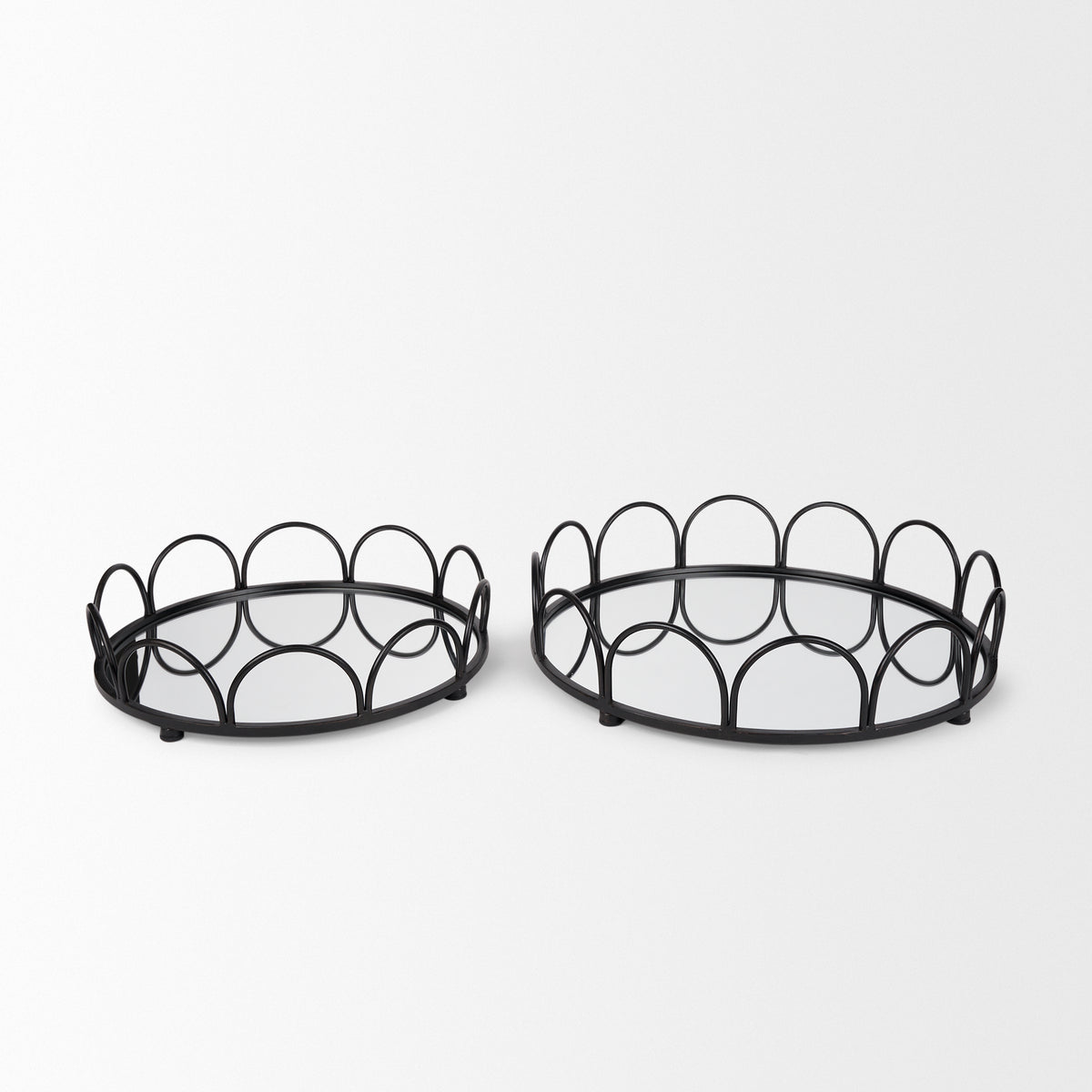 Lenore Round Mirrored Trays with Scalloped Metal Trim - Set of 2-Objects-DECOROLALA