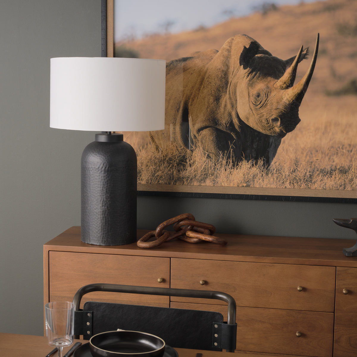 Leo 18.0L x 18.0W x 31.0H Hammered W/White Fabric Shade Table Lamp-Table Lamps-DECOROLALA