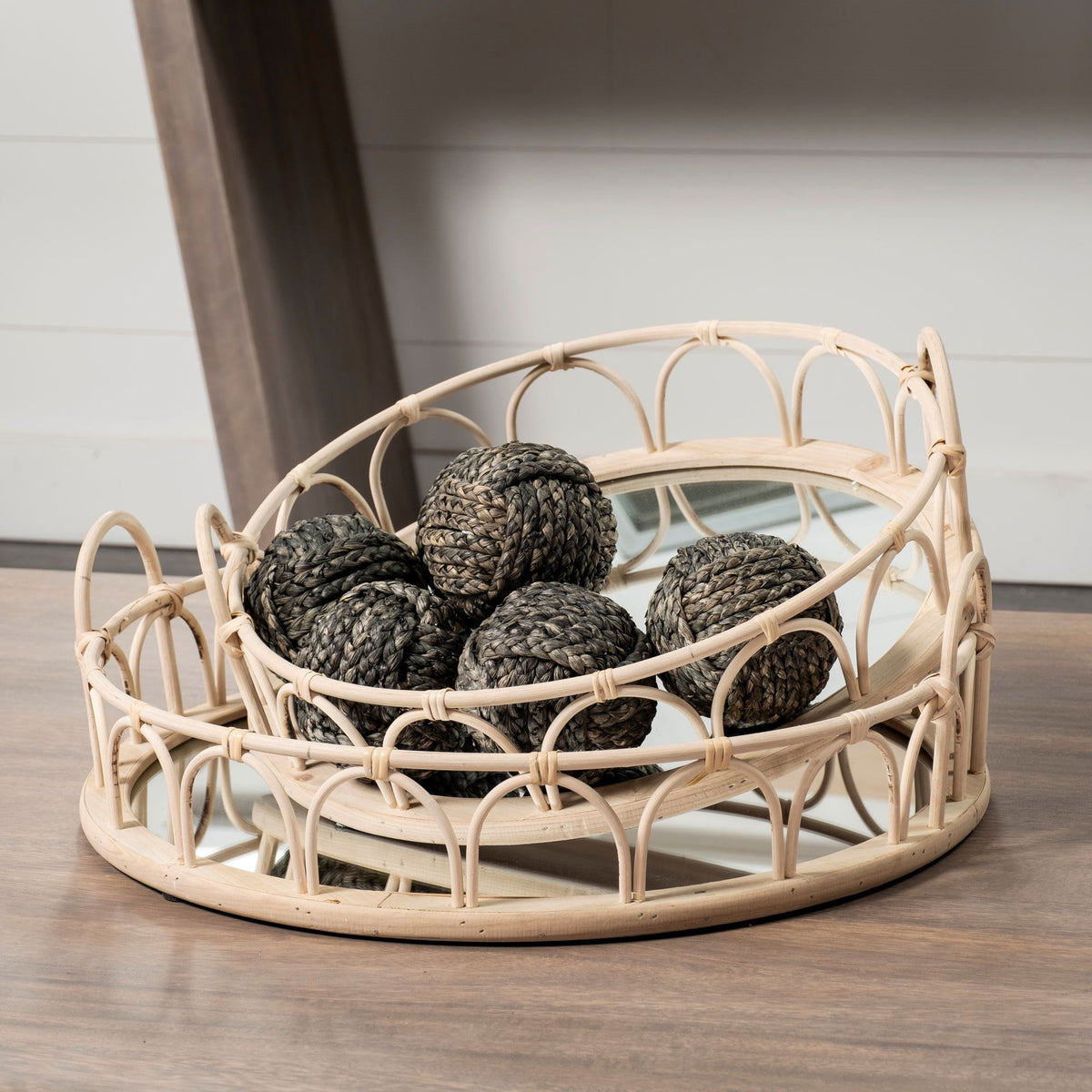 Leona (Set of 2) Natural Wicker Woven Mirrored Base Nesting Trays-Trays-DECOROLALA
