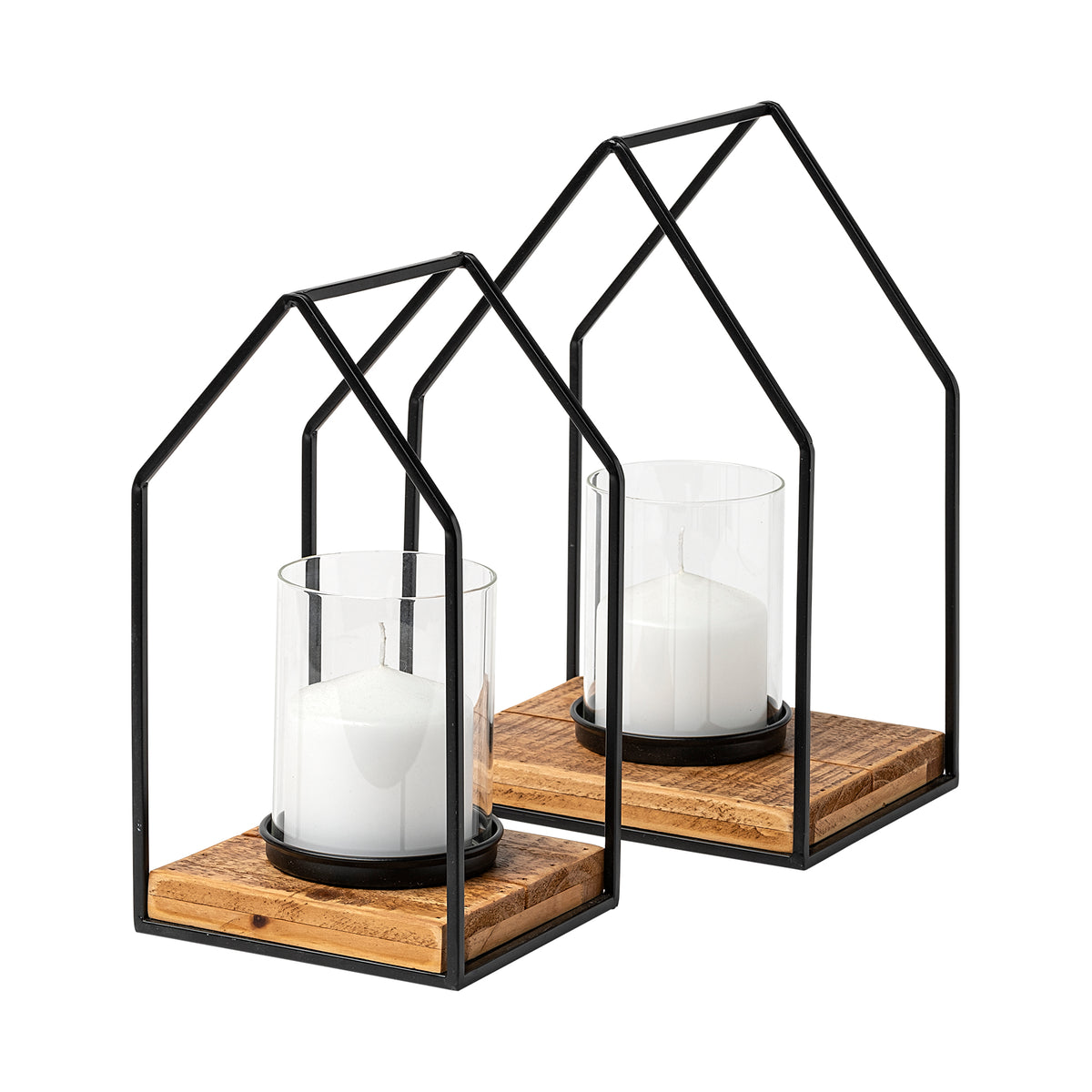 Leopold Black Metal Candle Holders with Wooden Base-Candle Holders-DECOROLALA