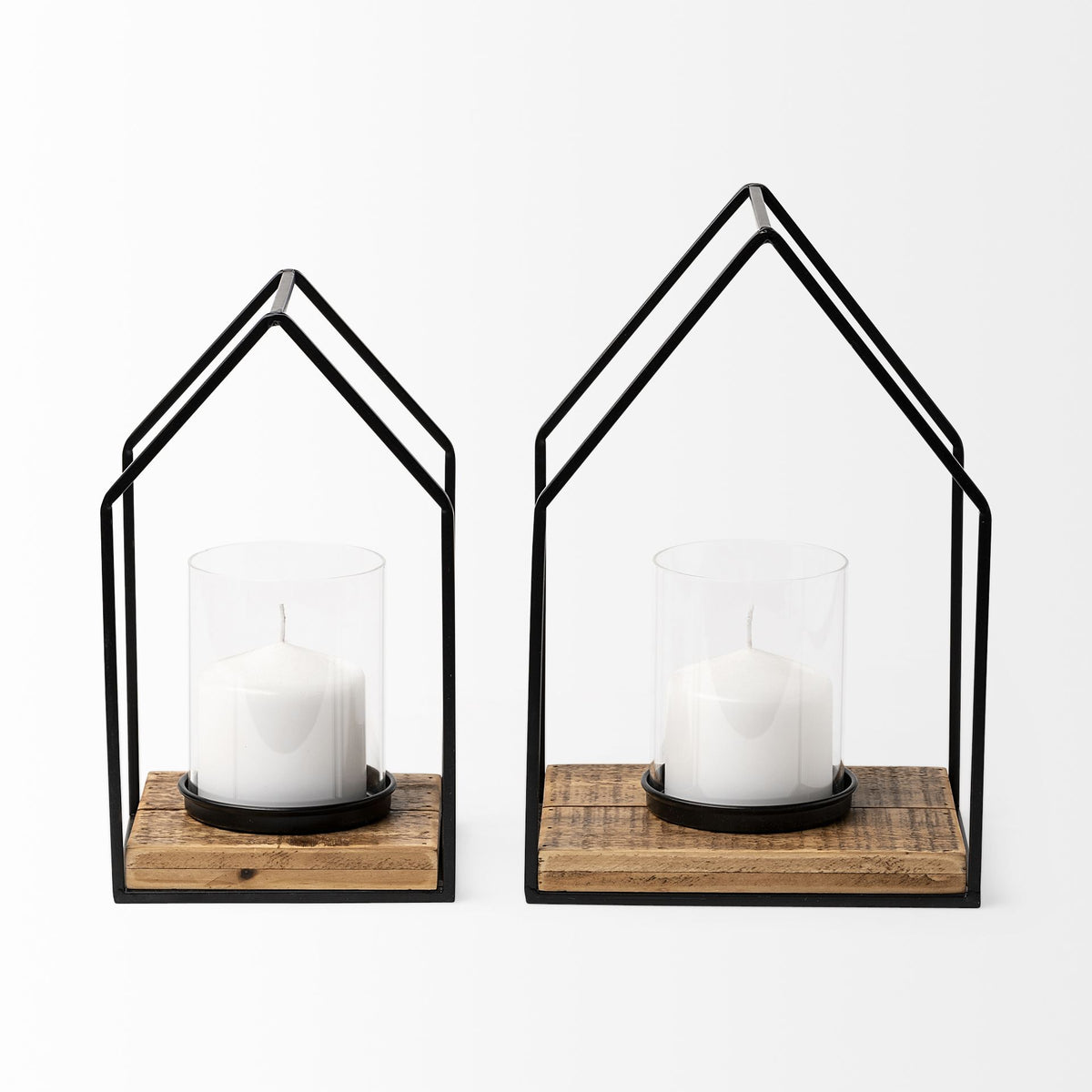 Leopold Set of Two Black Metal Wooden Base Table Candle Holders-Table Candle Holders-DECOROLALA