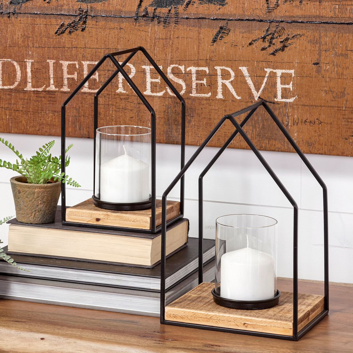 Leopold Set of Two Black Metal Wooden Base Table Candle Holders-Table Candle Holders-DECOROLALA